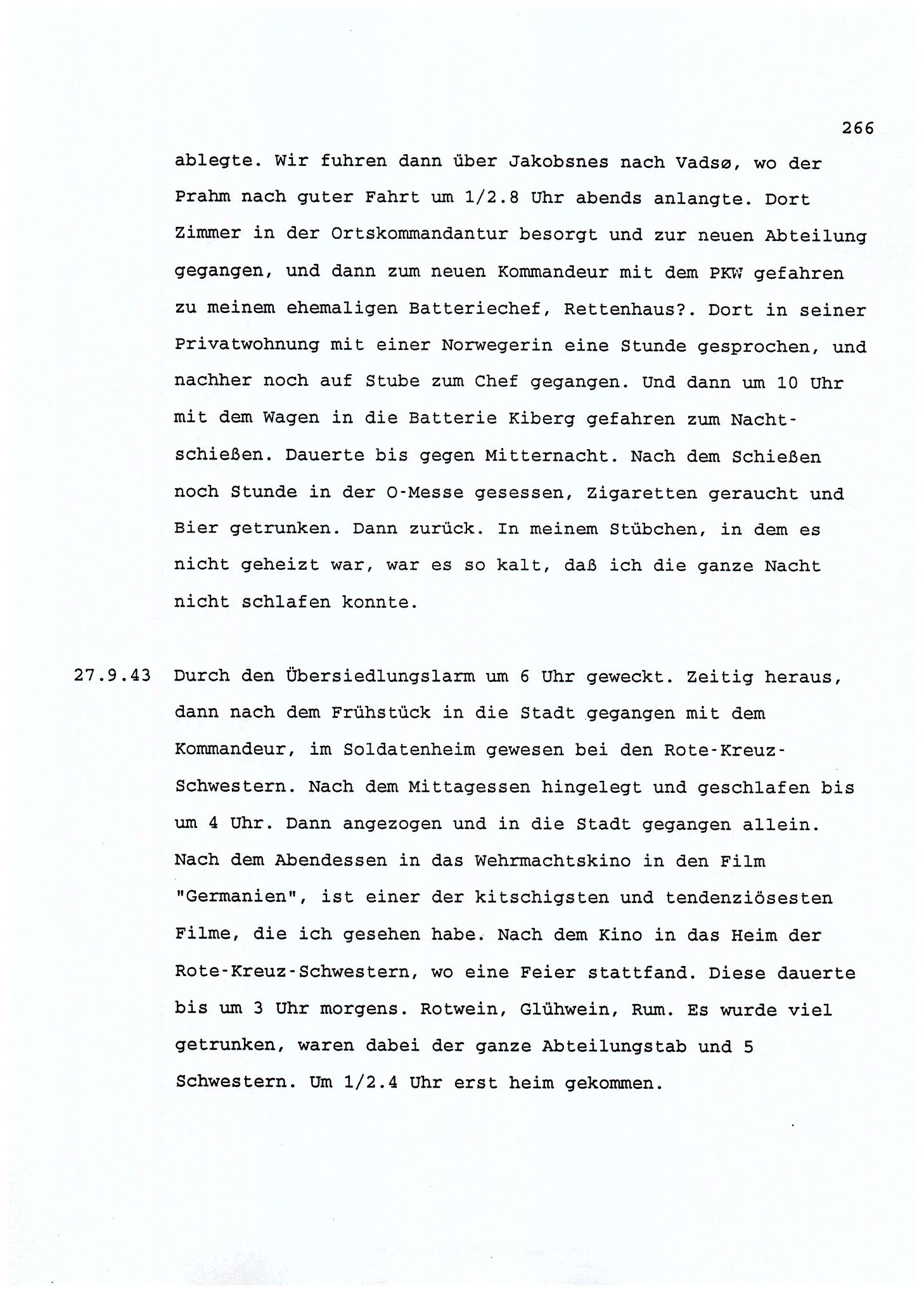 Dagbokopptegnelser av en tysk marineoffiser stasjonert i Norge , FMFB/A-1160/F/L0001: Dagbokopptegnelser av en tysk marineoffiser stasjonert i Norge, 1941-1944, p. 266