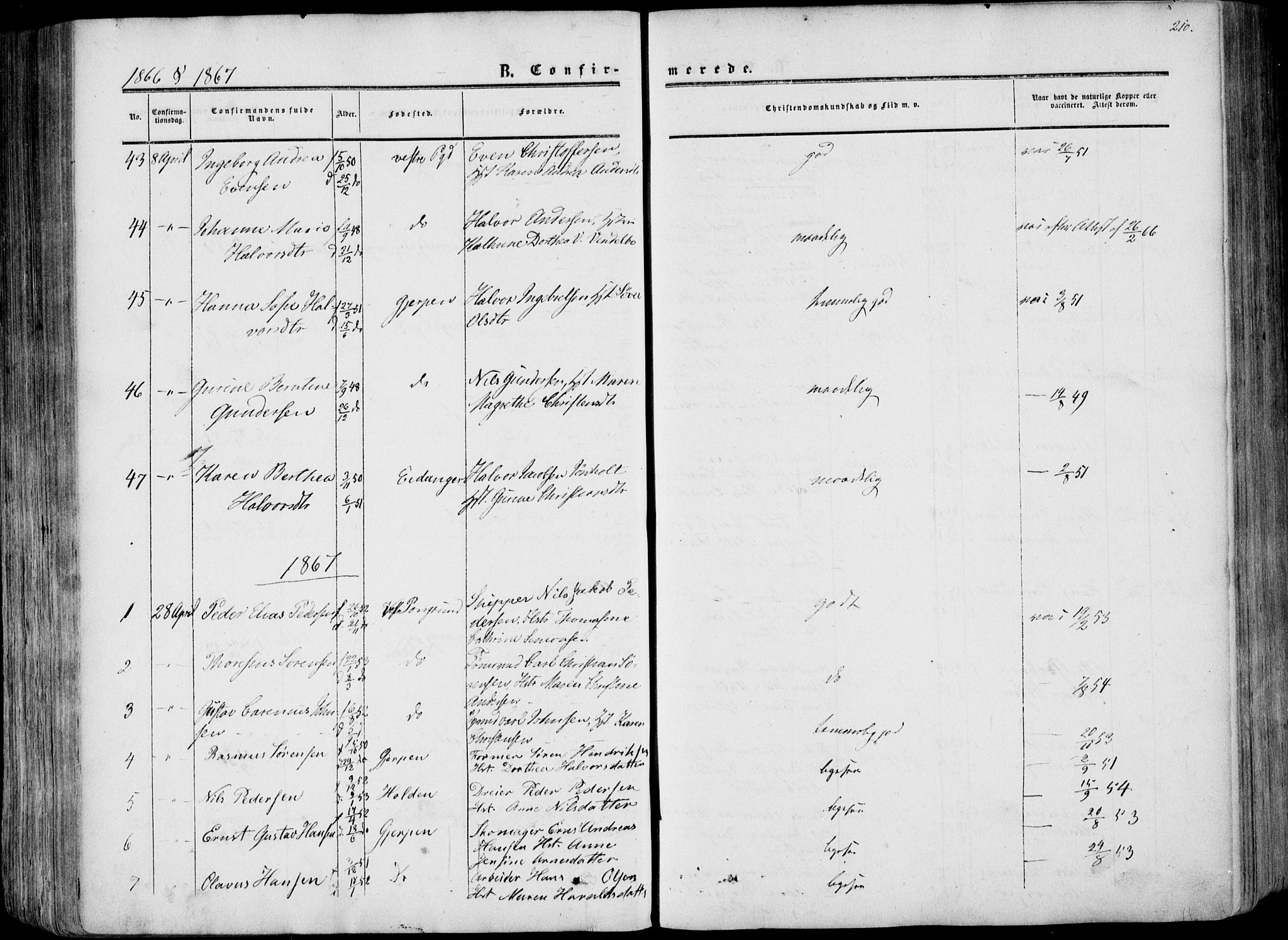 Porsgrunn kirkebøker , SAKO/A-104/F/Fa/L0007: Parish register (official) no. 7, 1858-1877, p. 210