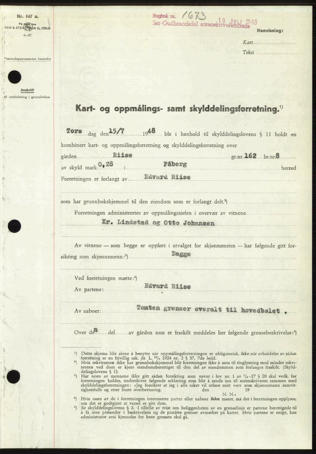 Sør-Gudbrandsdal tingrett, SAH/TING-004/H/Hb/Hbd/L0022: Mortgage book no. A22, 1948-1948, Diary no: : 1673/1948
