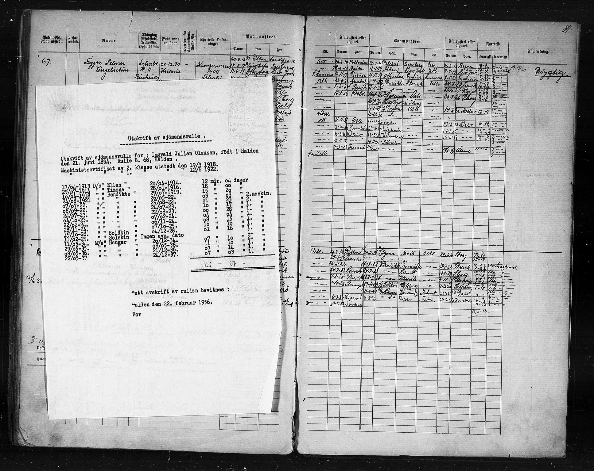 Halden mønstringskontor, AV/SAO-A-10569a/F/Fc/Fcd/L0003: Annotasjons- og hovedrulle for maskinister og fyrbøtere, 1876-1918, p. 45