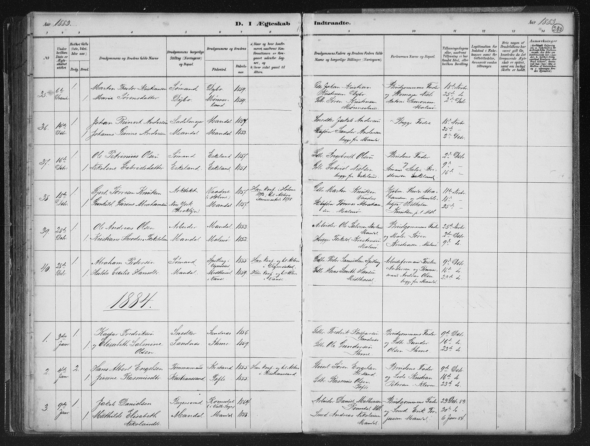 Mandal sokneprestkontor, SAK/1111-0030/F/Fb/Fba/L0011: Parish register (copy) no. B 5, 1880-1898, p. 280