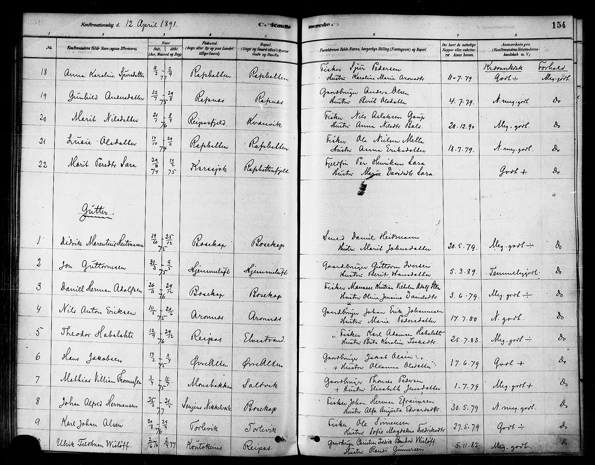 Alta sokneprestkontor, SATØ/S-1338/H/Ha/L0002.kirke: Parish register (official) no. 2, 1879-1892, p. 154