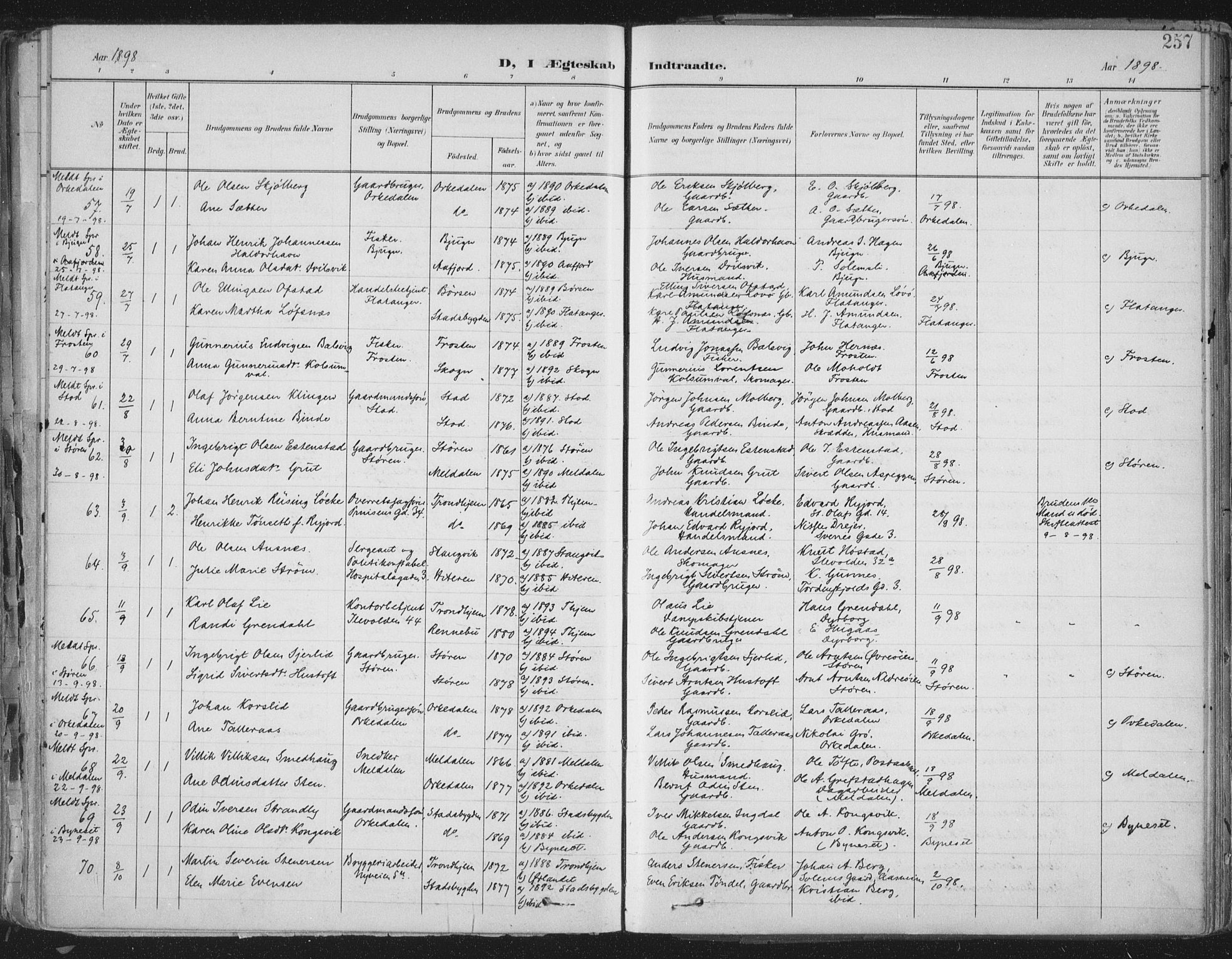 Ministerialprotokoller, klokkerbøker og fødselsregistre - Sør-Trøndelag, AV/SAT-A-1456/603/L0167: Parish register (official) no. 603A06, 1896-1932, p. 257