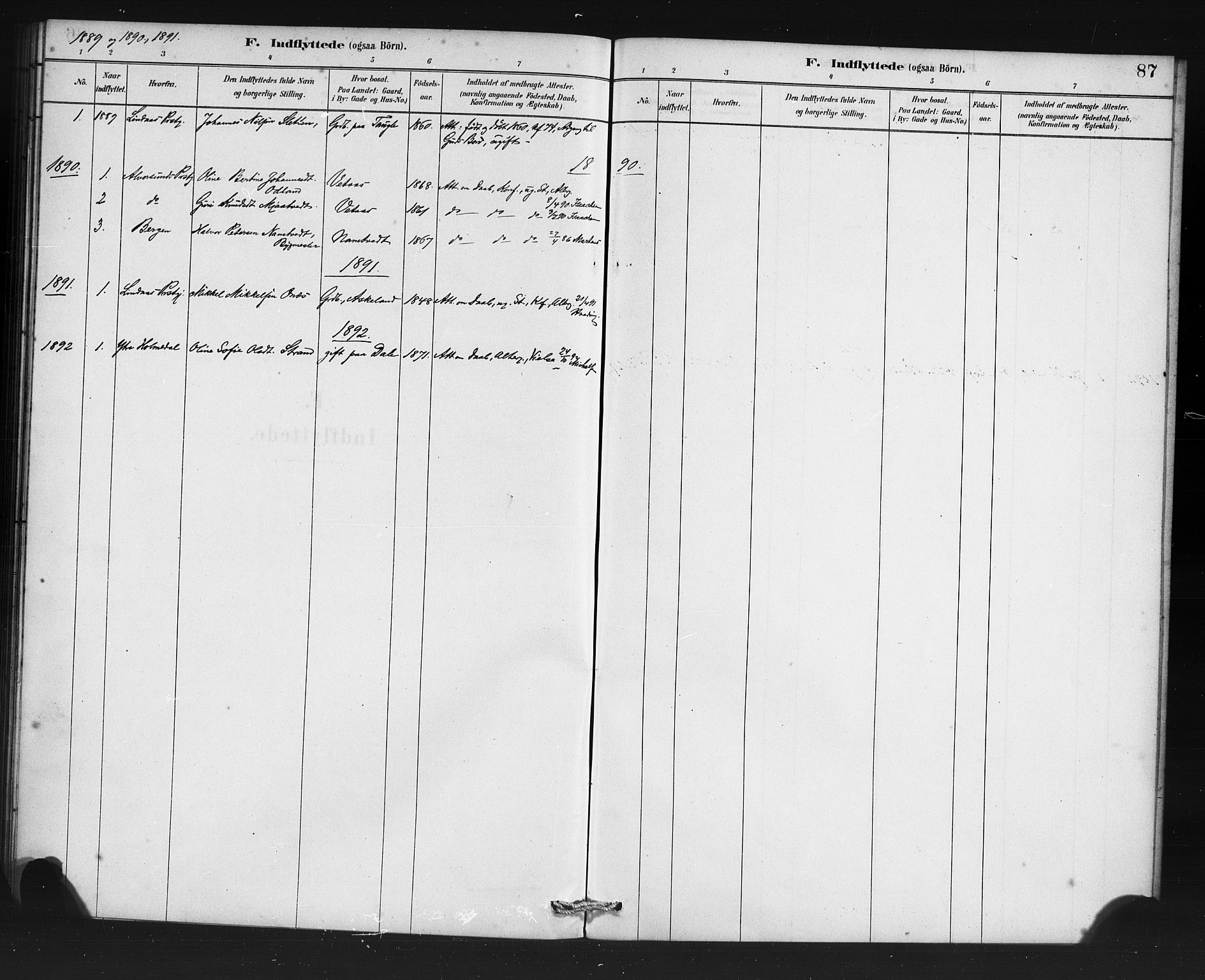 Manger sokneprestembete, SAB/A-76801/H/Haa: Parish register (official) no. D 1, 1881-1892, p. 87