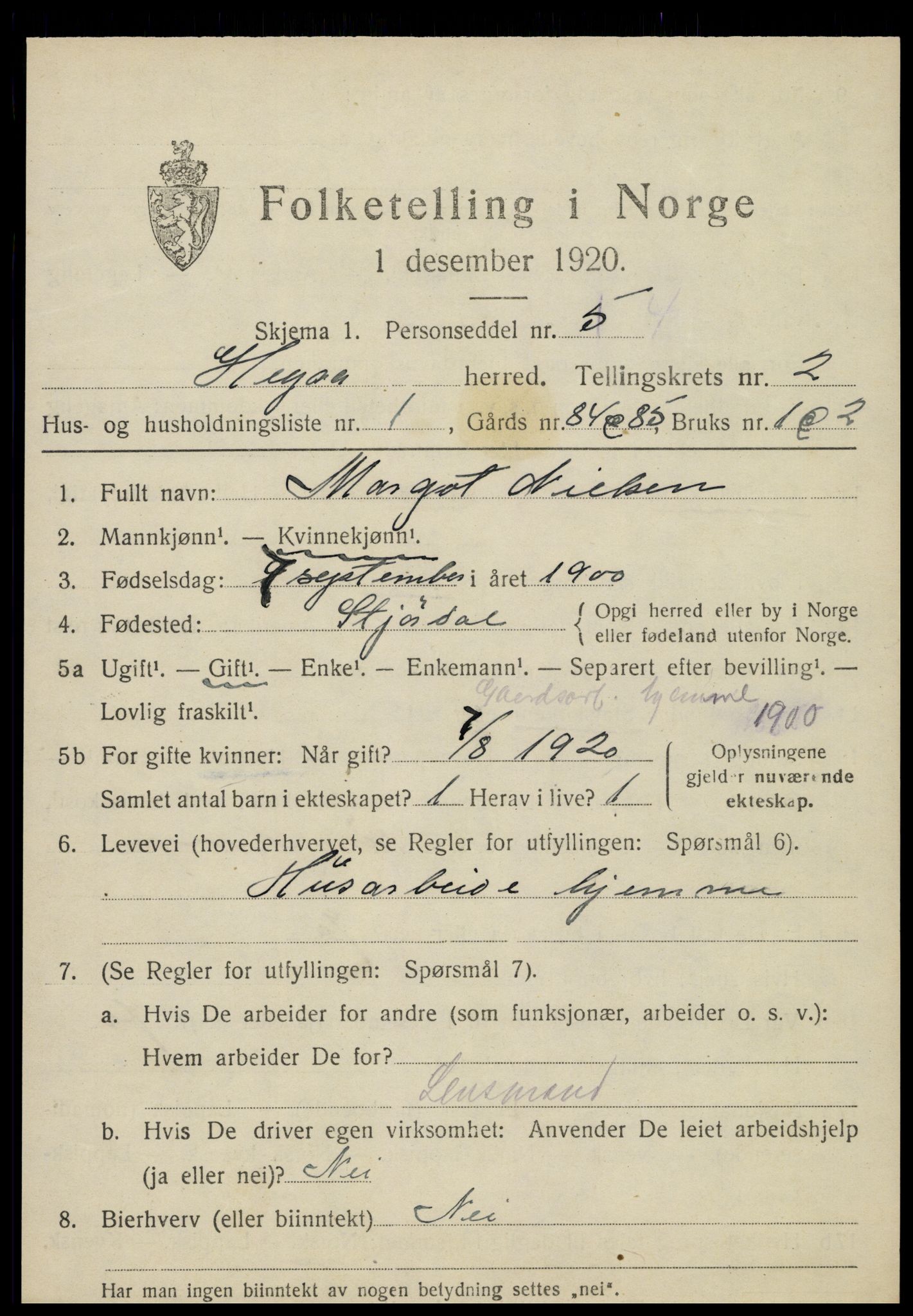 SAT, 1920 census for Hegra, 1920, p. 1564