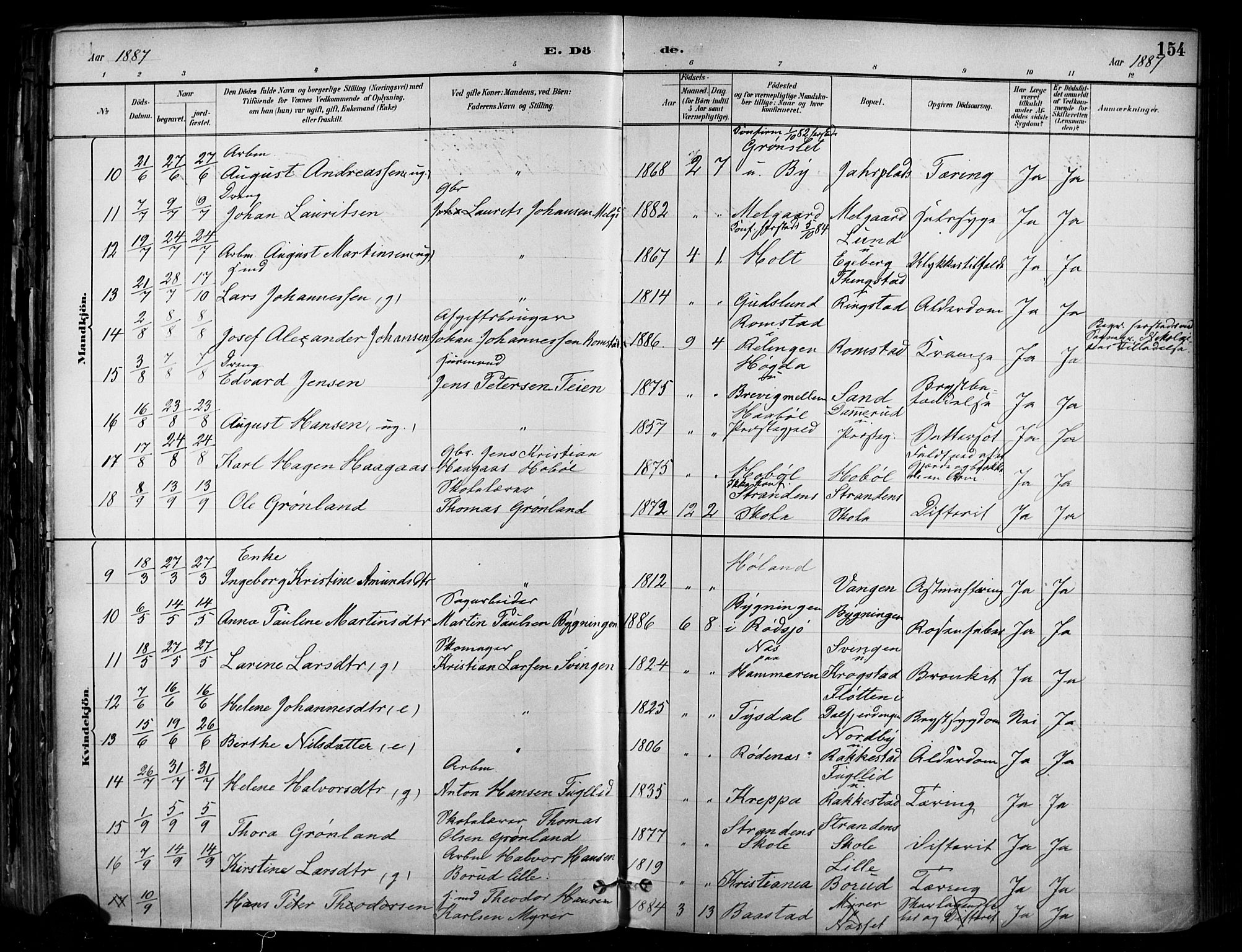 Enebakk prestekontor Kirkebøker, SAO/A-10171c/F/Fa/L0016: Parish register (official) no. I 16, 1883-1898, p. 154