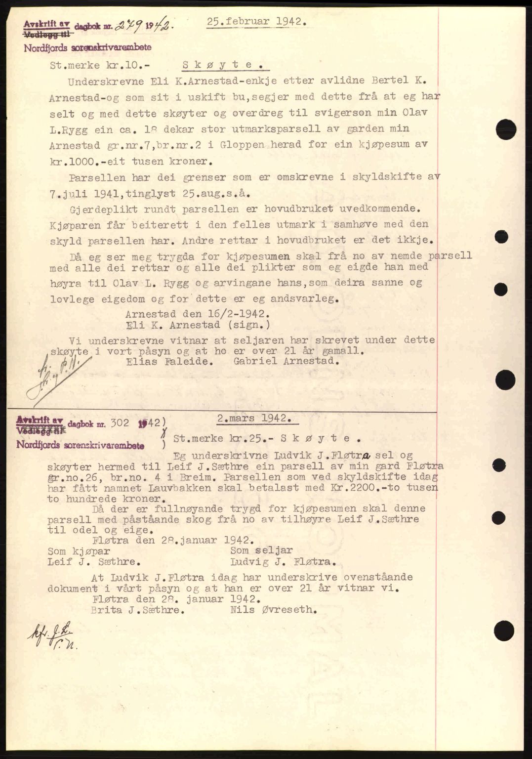 Nordfjord sorenskriveri, SAB/A-2801/02/02b/02bj/L0007: Mortgage book no. A7, 1941-1943, Diary no: : 278/1942