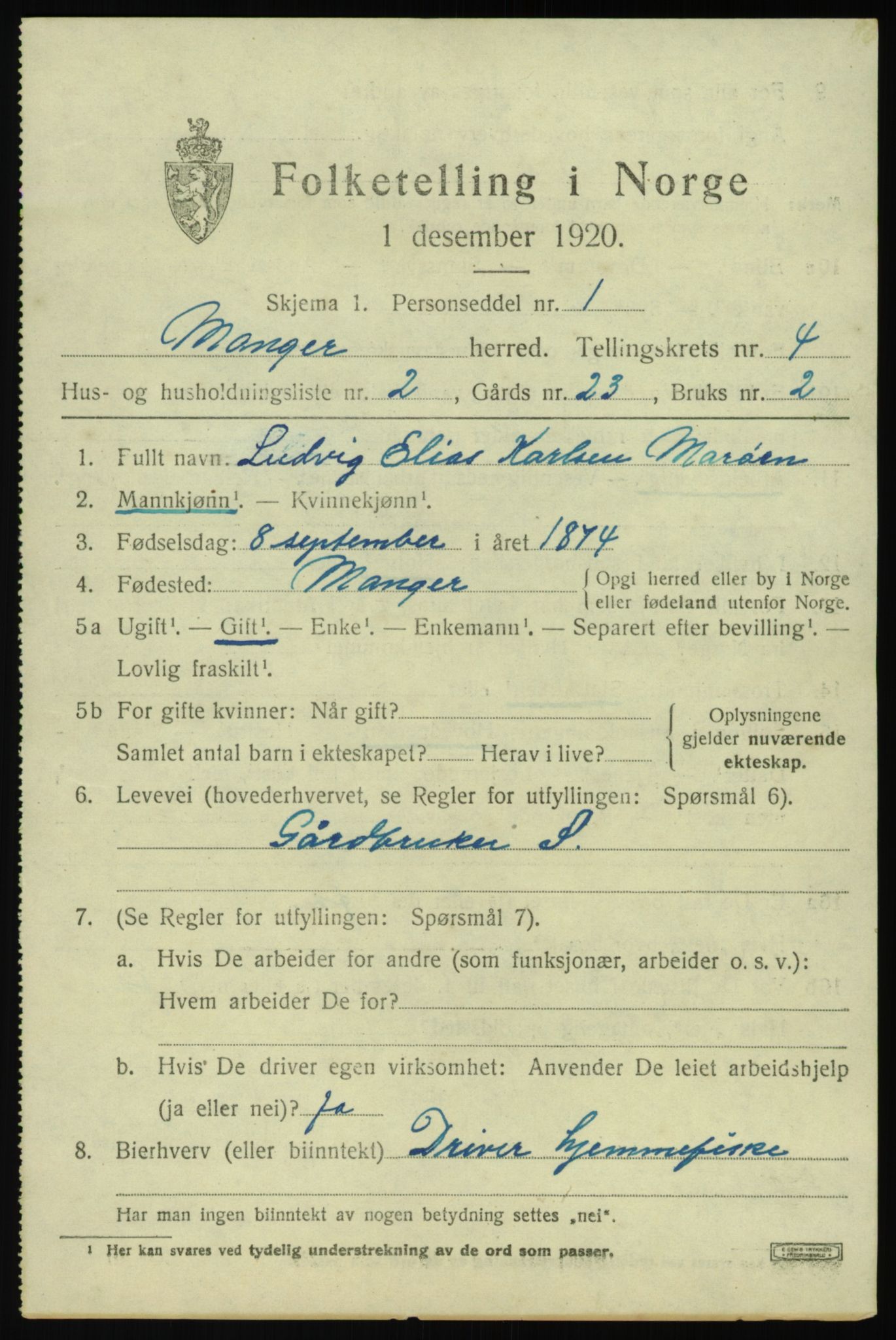 SAB, 1920 census for Manger, 1920, p. 3017