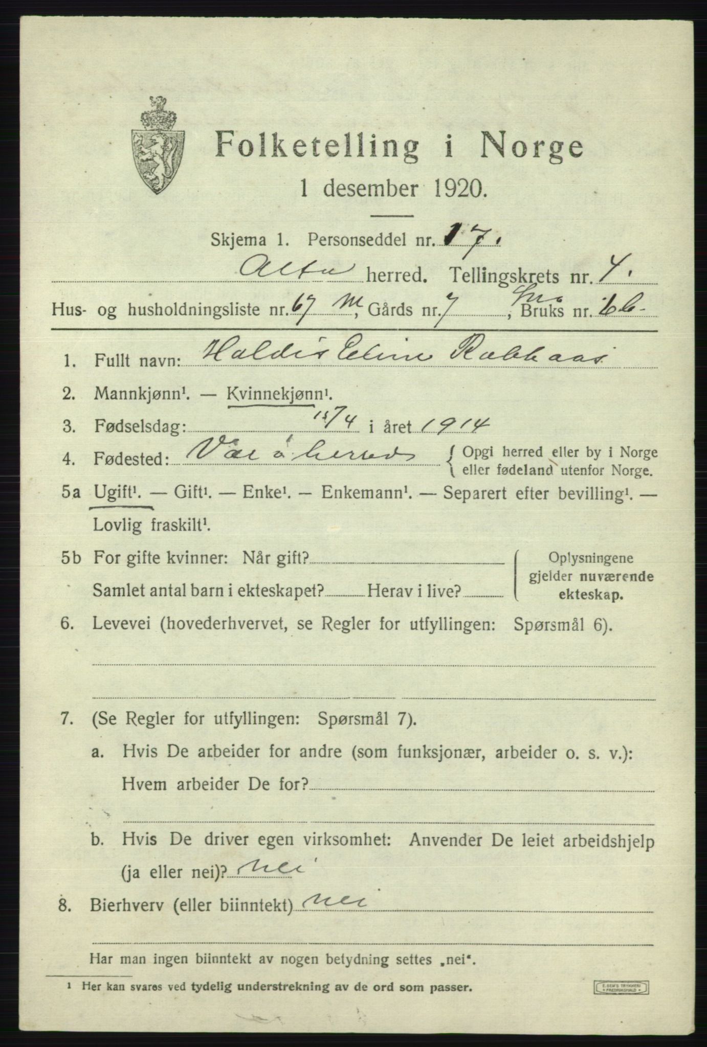 SATØ, 1920 census for Alta, 1920, p. 3301