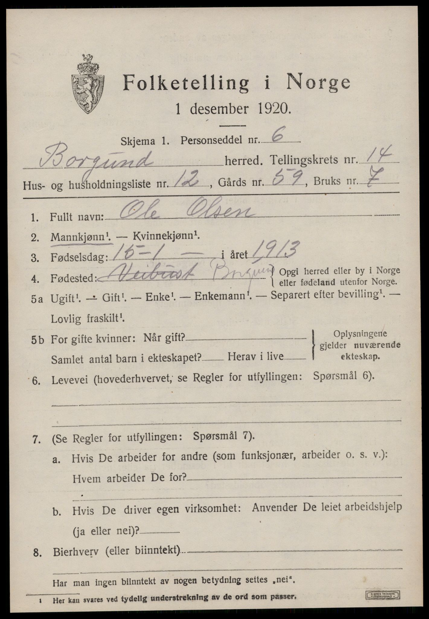 SAT, 1920 census for Borgund, 1920, p. 11228