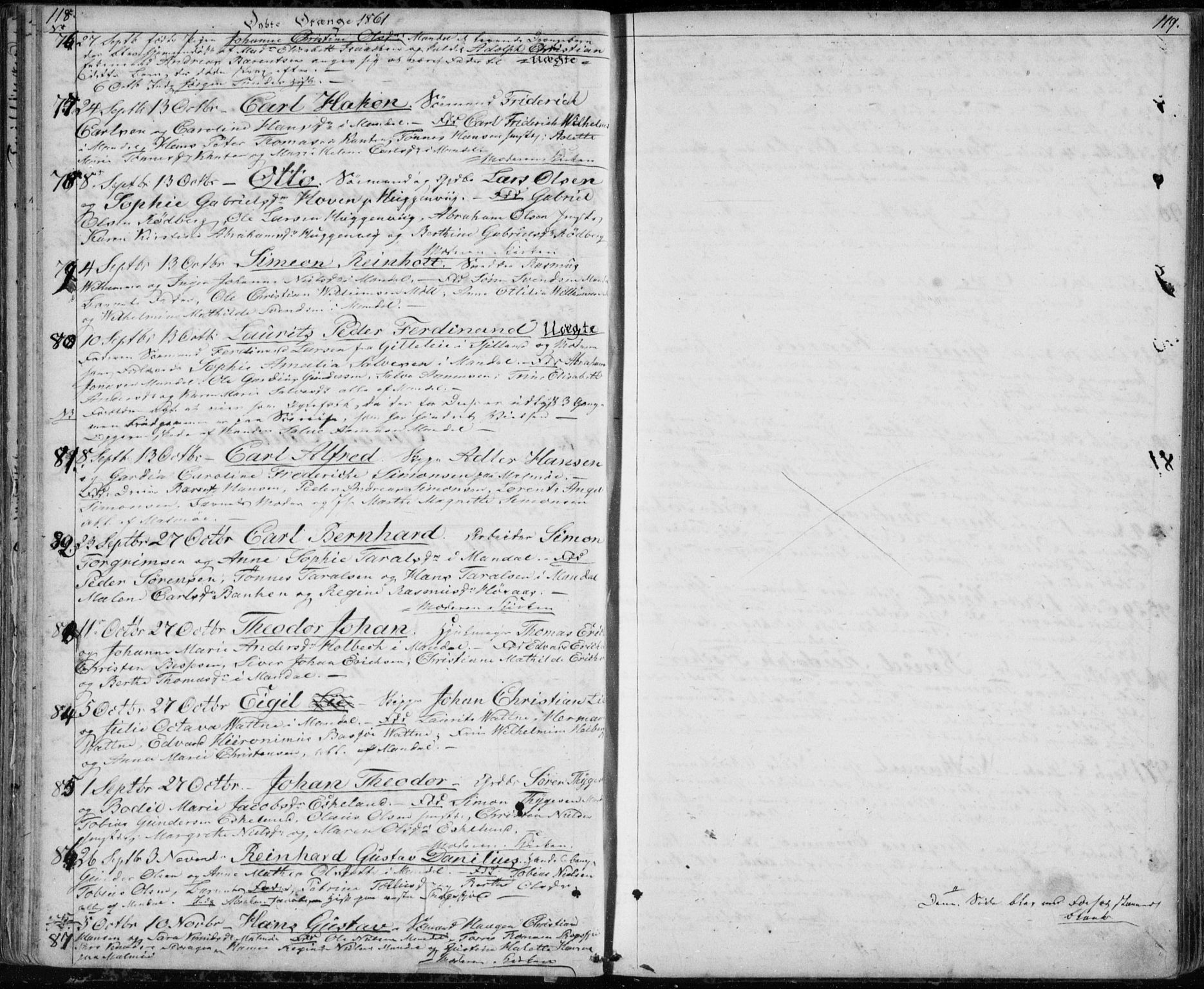 Mandal sokneprestkontor, AV/SAK-1111-0030/F/Fb/Fba/L0008: Parish register (copy) no. B 2, 1854-1868, p. 118-119