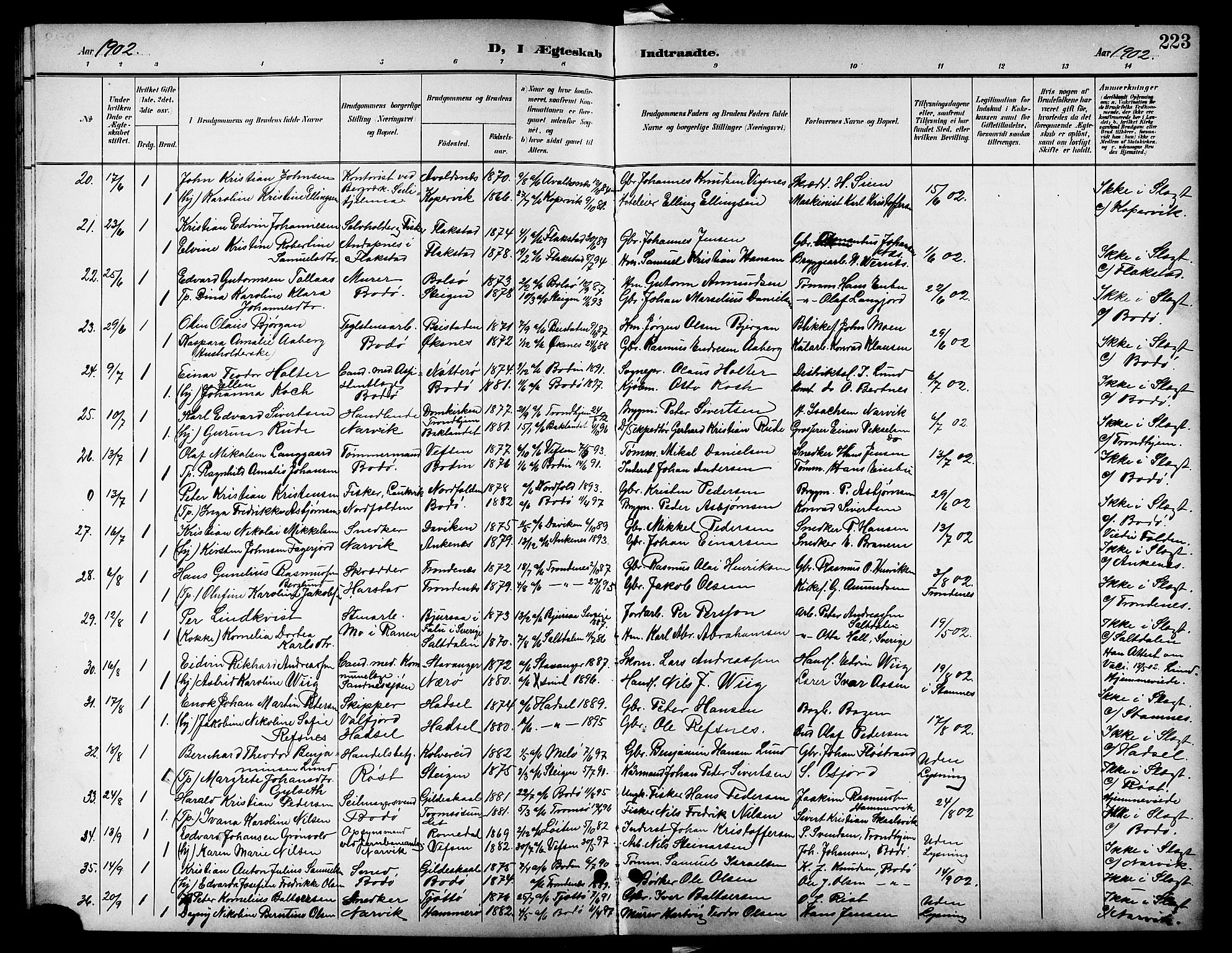Ministerialprotokoller, klokkerbøker og fødselsregistre - Nordland, SAT/A-1459/801/L0033: Parish register (copy) no. 801C08, 1898-1910, p. 223