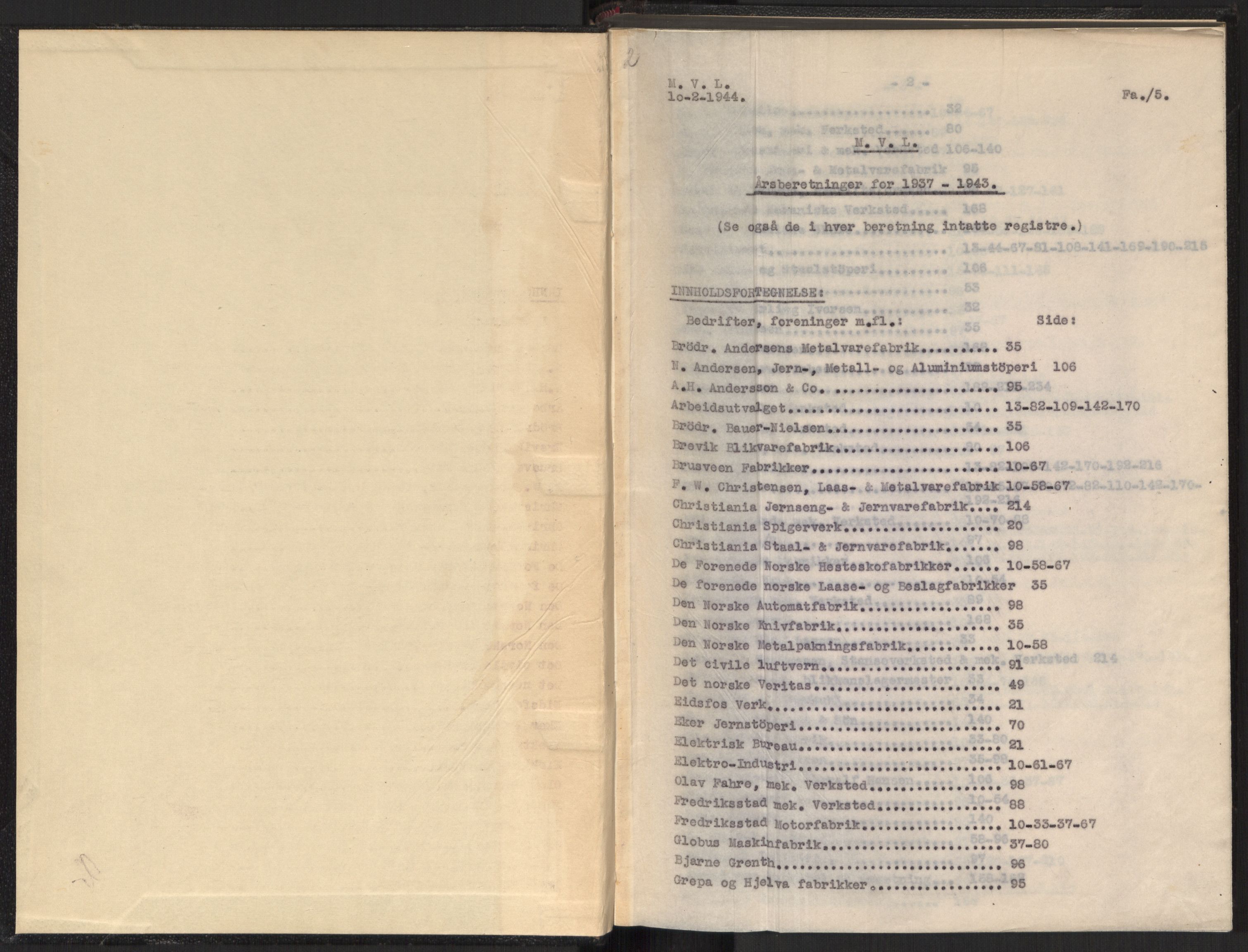 Teknologibedriftenes Landsforening TBL, AV/RA-PA-1700/A/Ad/L0006: Årsberetning med register, 1937-1943