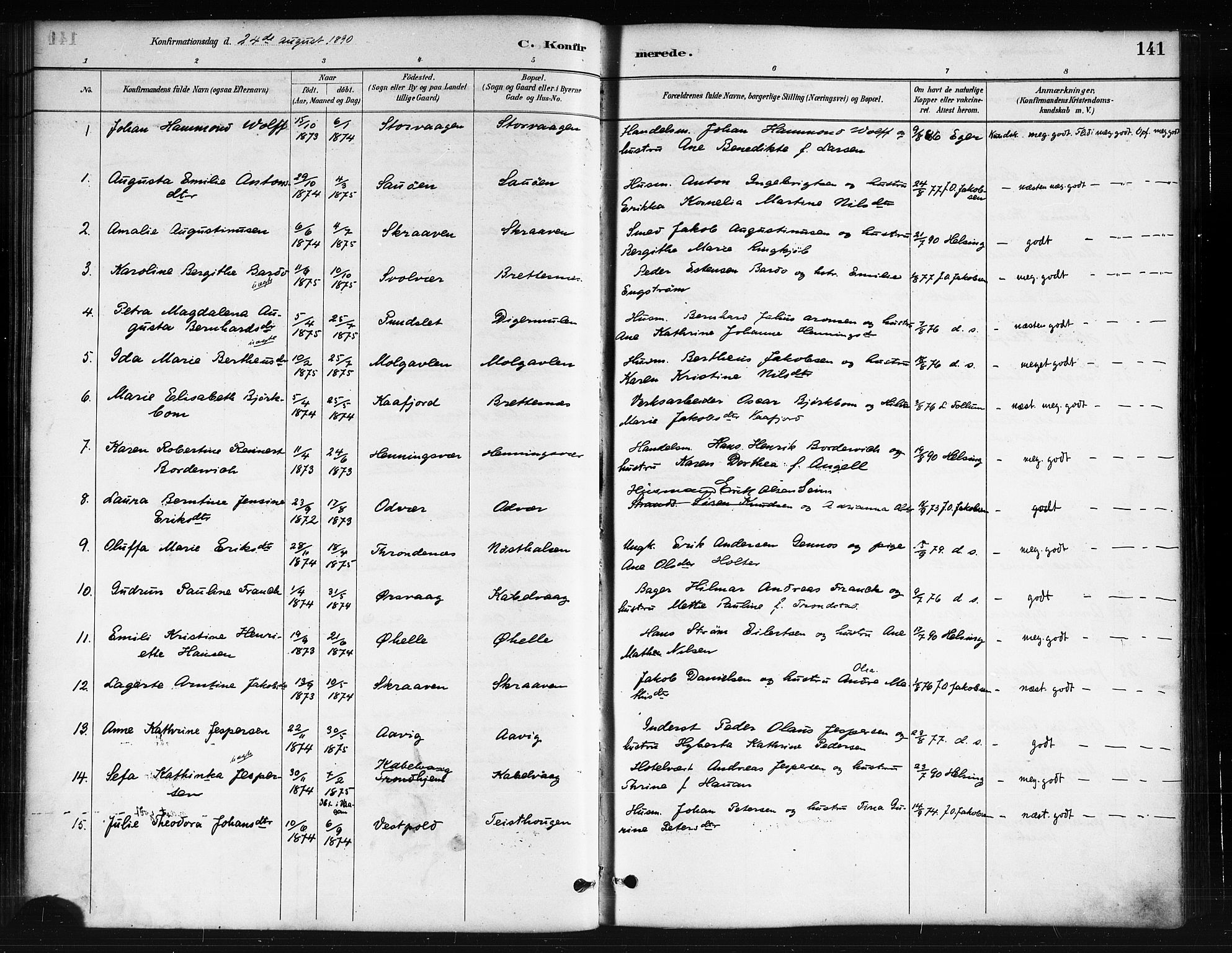 Ministerialprotokoller, klokkerbøker og fødselsregistre - Nordland, AV/SAT-A-1459/874/L1059: Parish register (official) no. 874A03, 1884-1890, p. 141