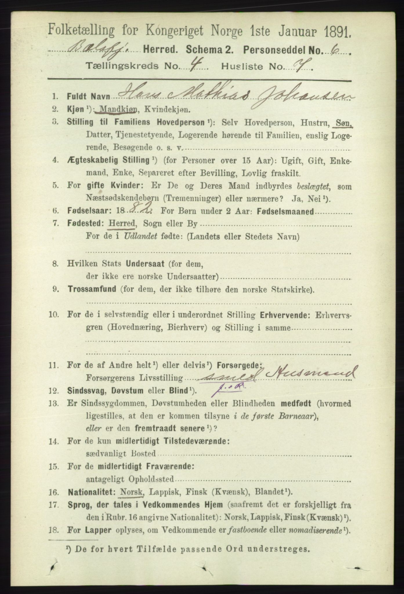 RA, 1891 census for 1933 Balsfjord, 1891, p. 1172