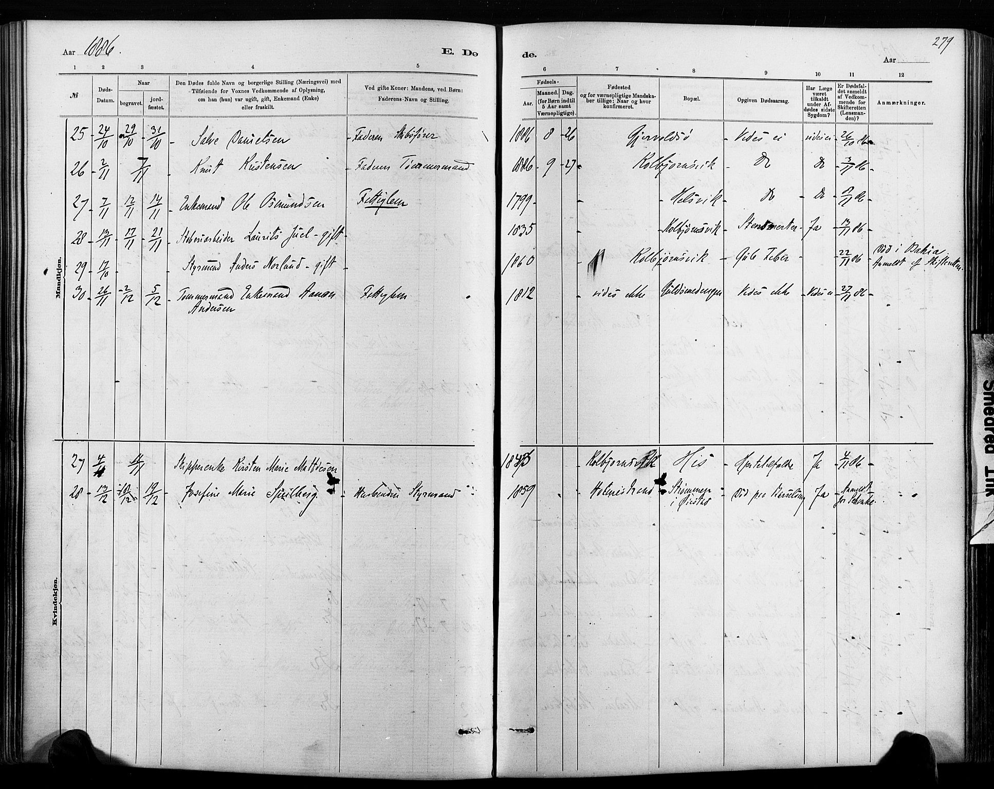 Hisøy sokneprestkontor, AV/SAK-1111-0020/F/Fa/L0003: Parish register (official) no. A 3, 1881-1894, p. 279