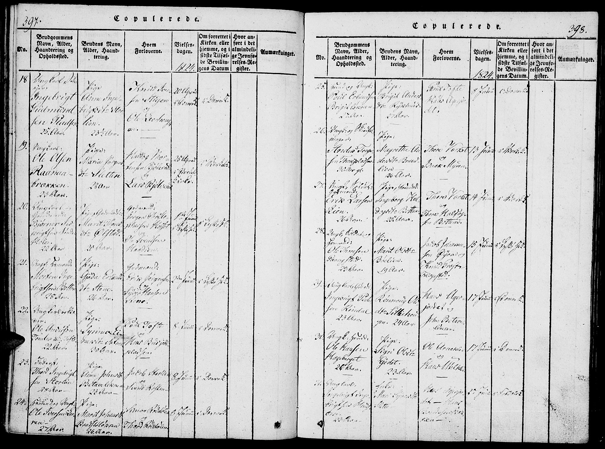 Lesja prestekontor, SAH/PREST-068/H/Ha/Haa/L0004: Parish register (official) no. 4, 1820-1829, p. 397-398