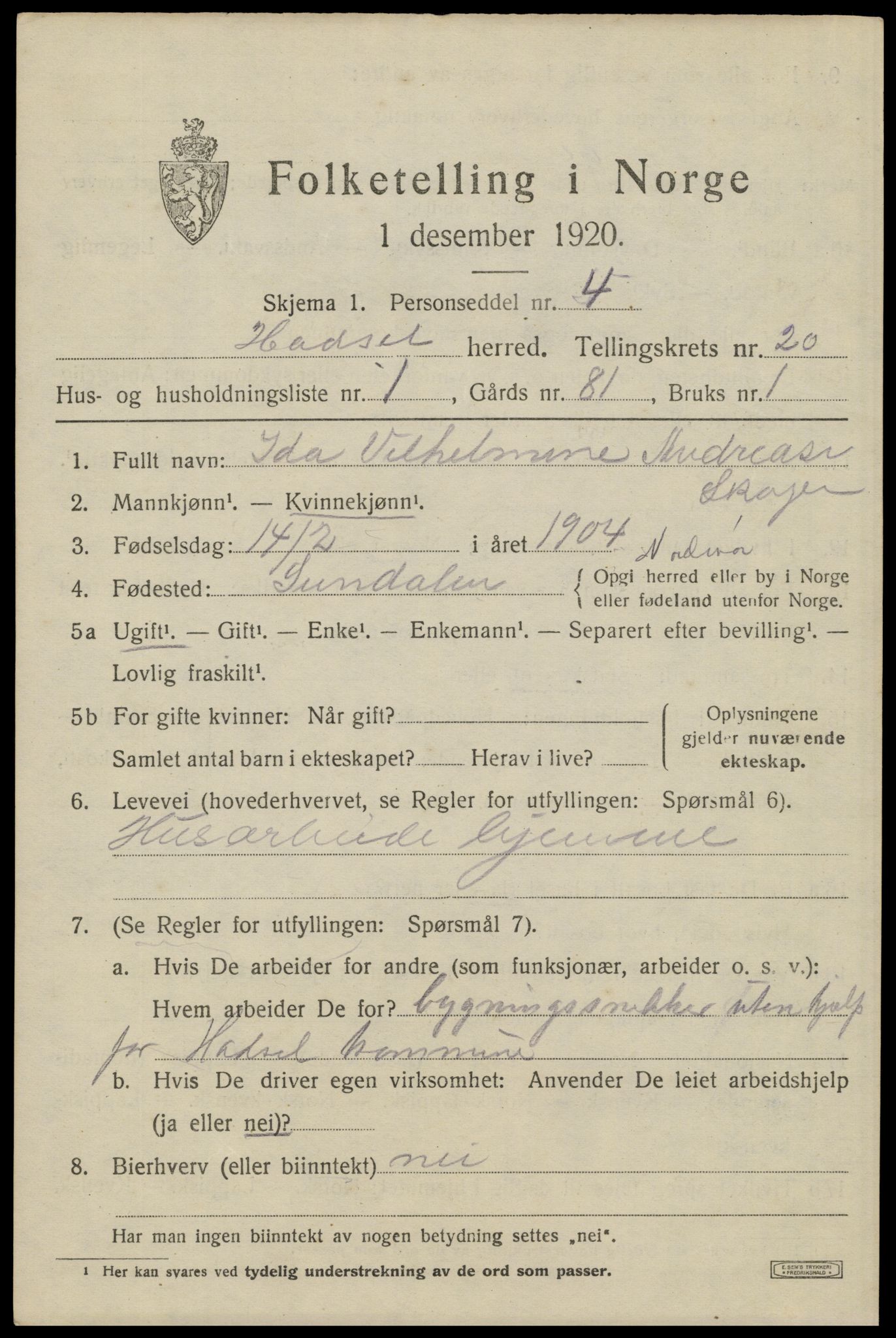 SAT, 1920 census for Hadsel, 1920, p. 18200