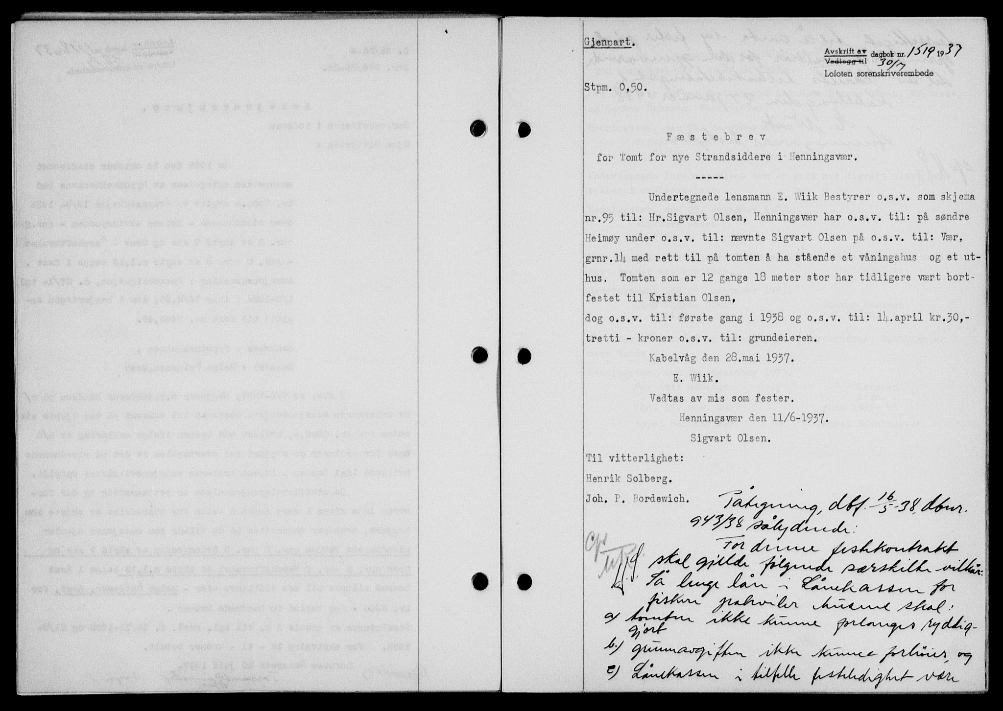 Lofoten sorenskriveri, SAT/A-0017/1/2/2C/L0002a: Mortgage book no. 2a, 1937-1937, Diary no: : 1519/1937