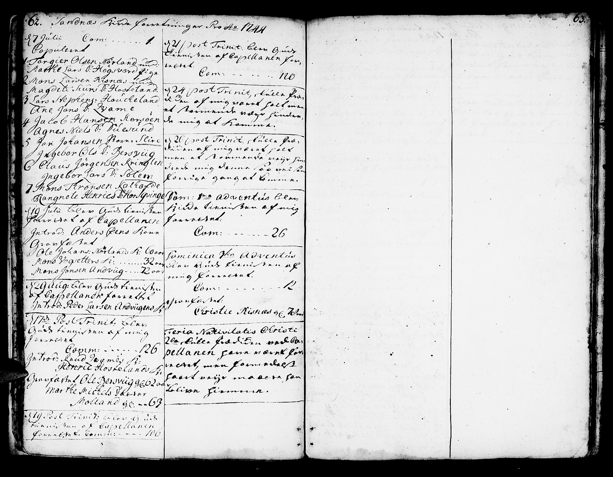 Lindås Sokneprestembete, SAB/A-76701/H/Haa: Parish register (official) no. A 2, 1740-1748, p. 62-63