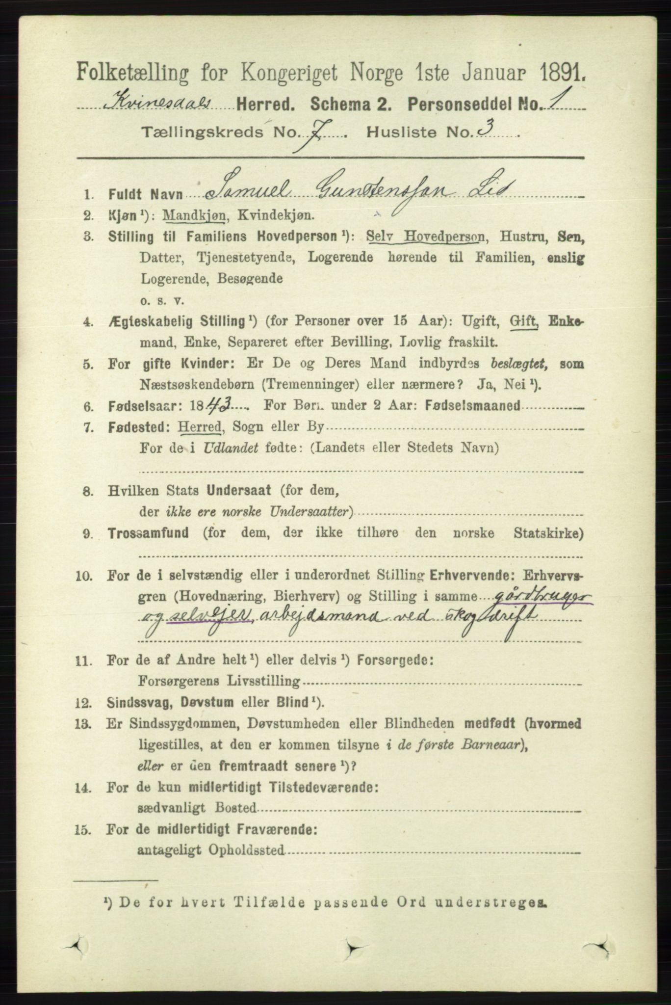 RA, 1891 census for 1037 Kvinesdal, 1891, p. 2435