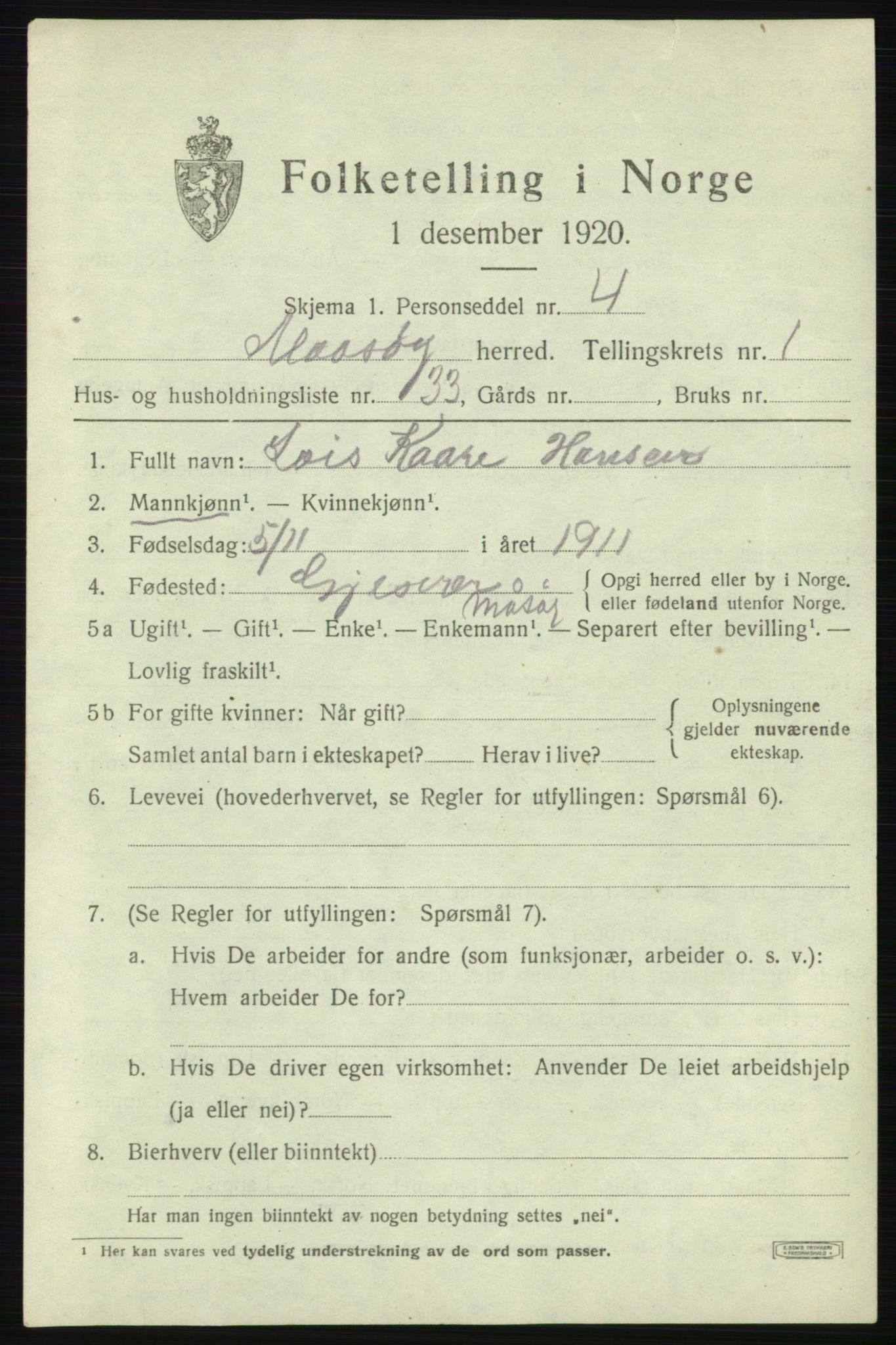 SATØ, 1920 census for Måsøy, 1920, p. 1186
