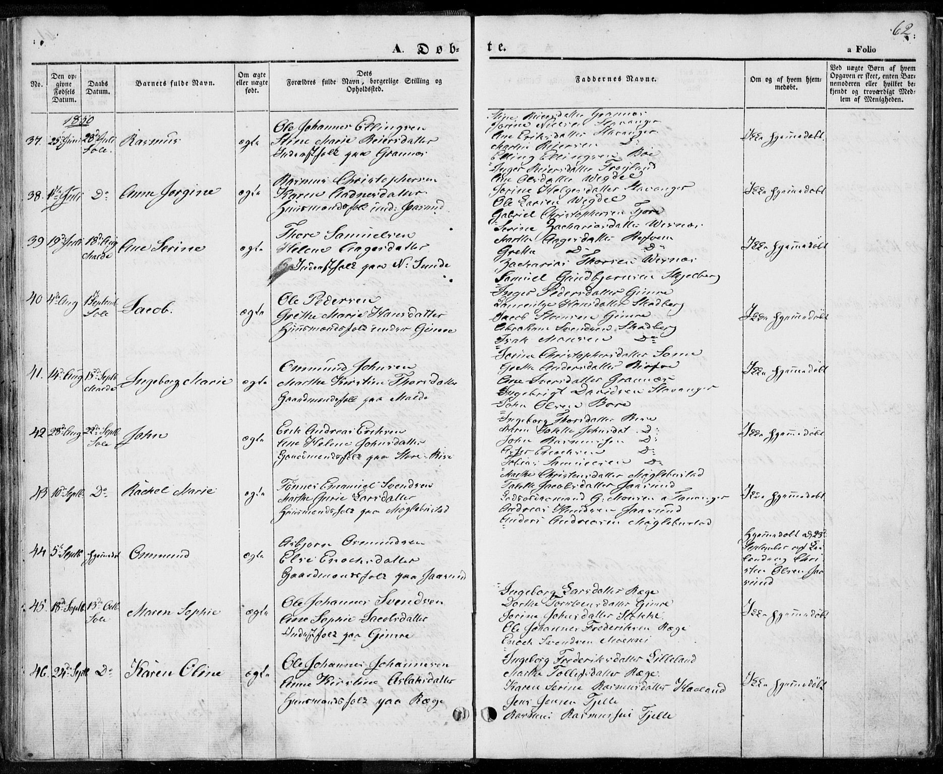 Håland sokneprestkontor, AV/SAST-A-101802/001/30BA/L0006: Parish register (official) no. A 6, 1842-1853, p. 62