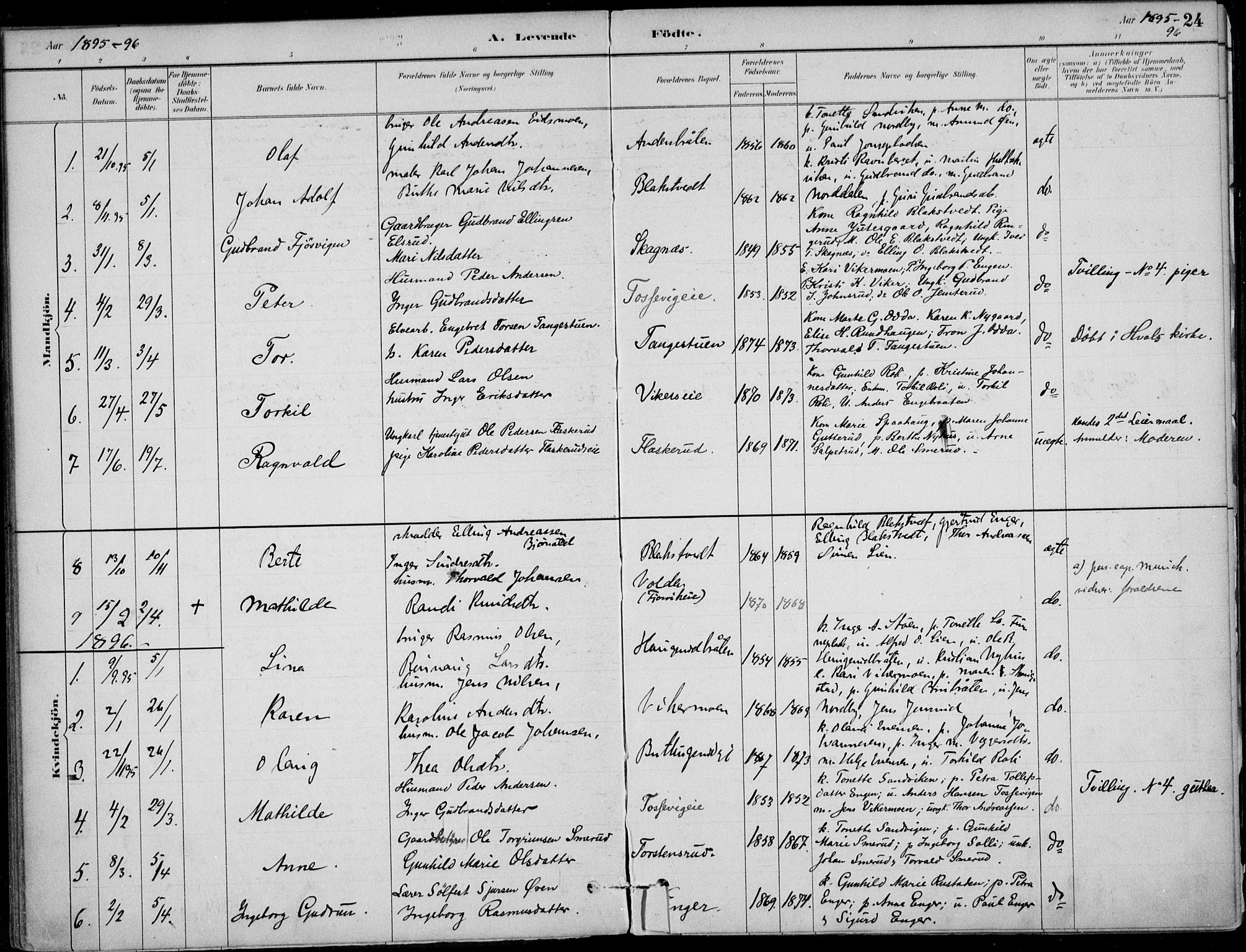 Ådal kirkebøker, AV/SAKO-A-248/F/Fa/L0003: Parish register (official) no. I 3, 1884-1903, p. 24