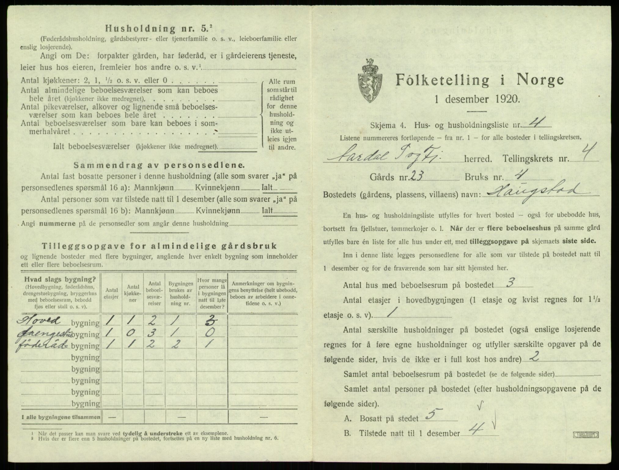 SAB, 1920 census for Årdal, 1920, p. 345