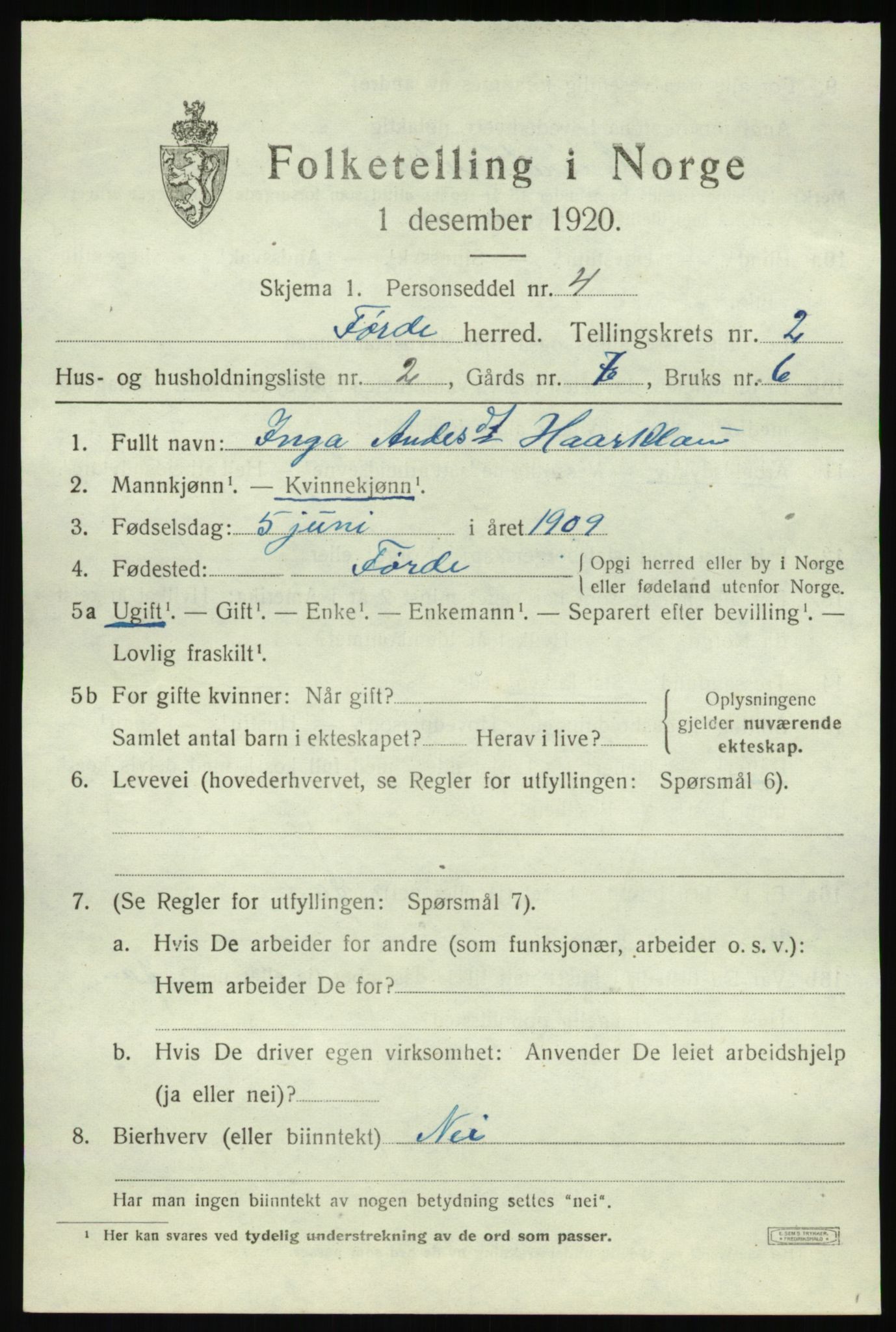 SAB, 1920 census for Førde, 1920, p. 1440