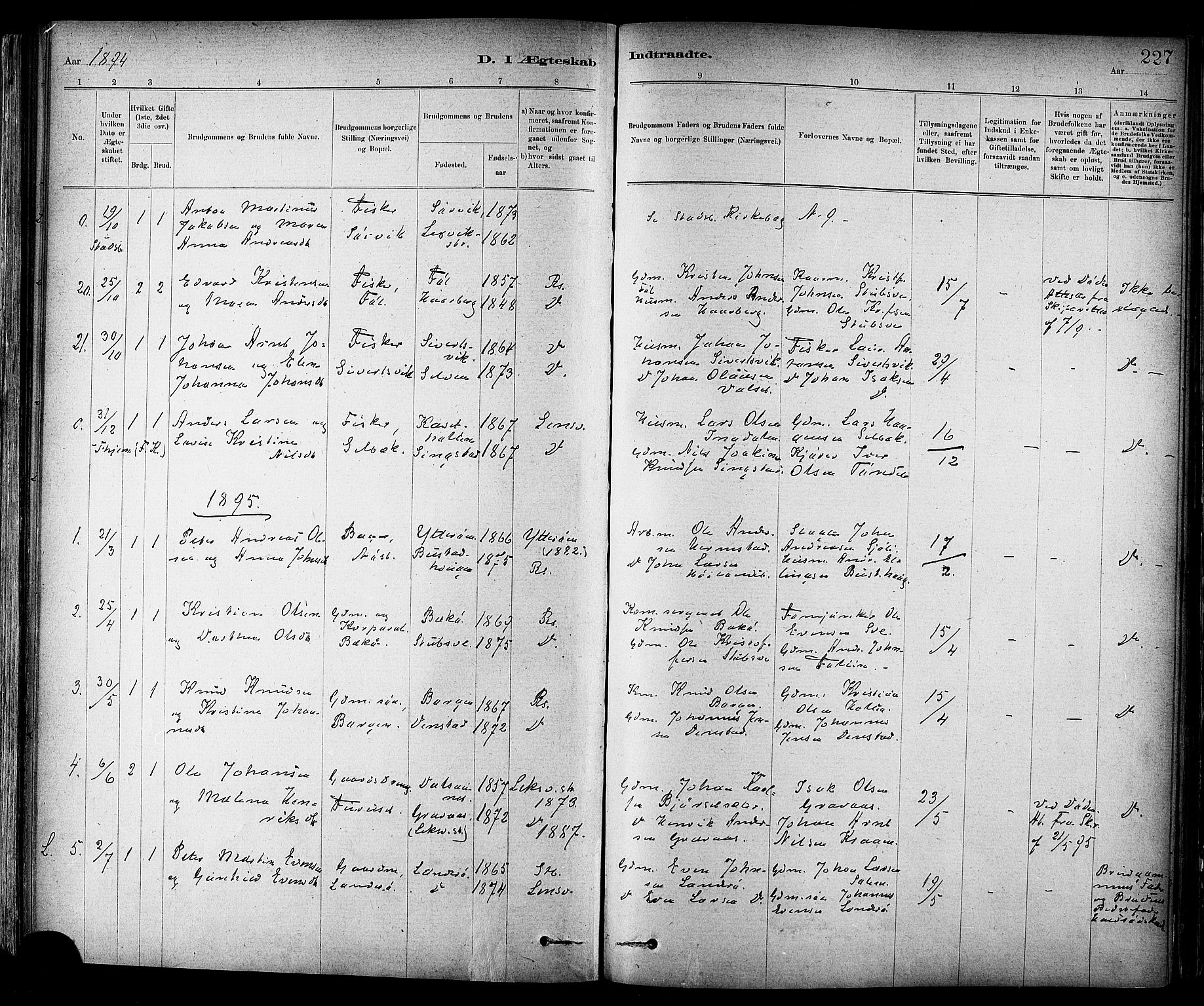 Ministerialprotokoller, klokkerbøker og fødselsregistre - Sør-Trøndelag, SAT/A-1456/647/L0634: Parish register (official) no. 647A01, 1885-1896, p. 227