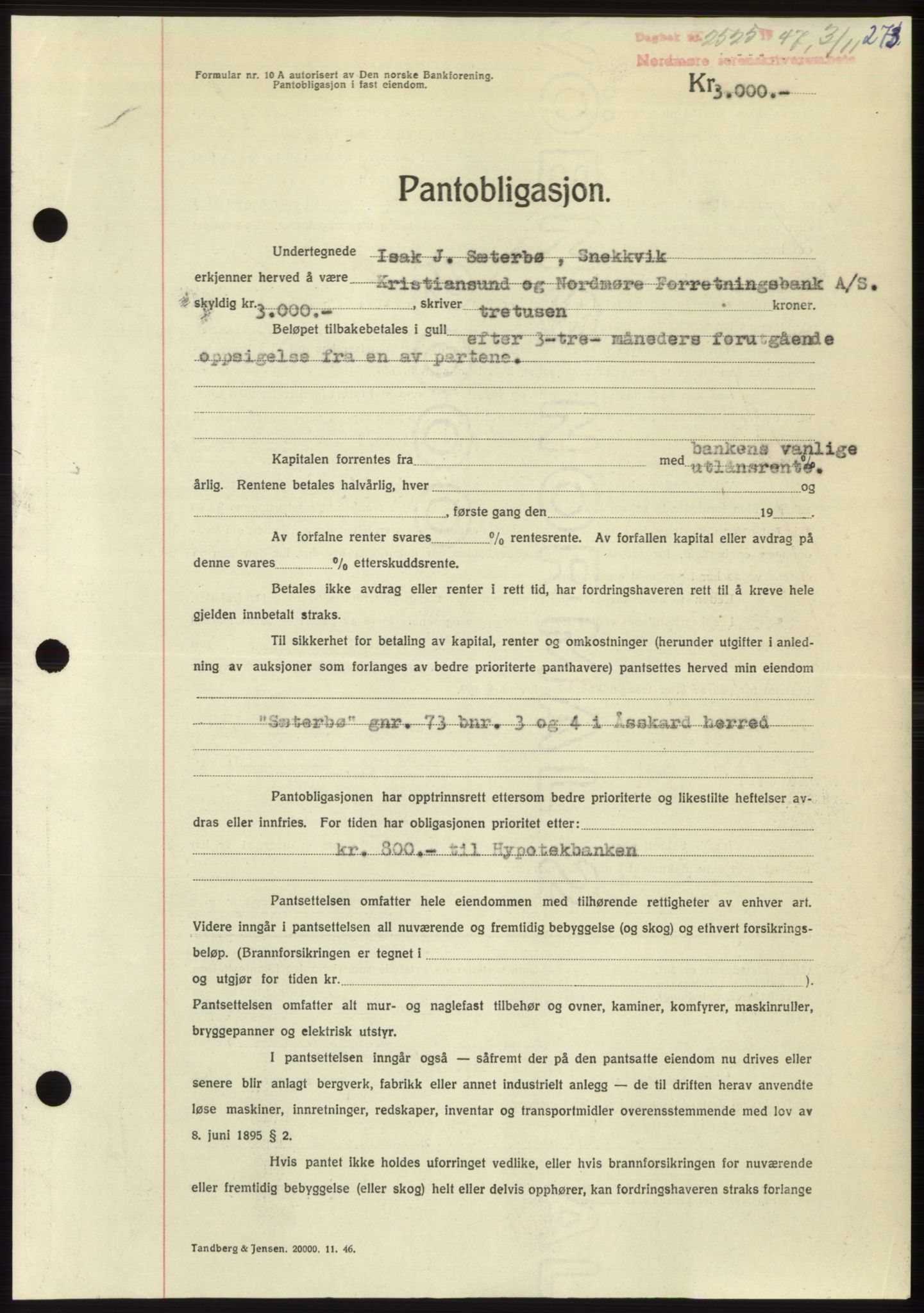 Nordmøre sorenskriveri, AV/SAT-A-4132/1/2/2Ca: Mortgage book no. B97, 1947-1948, Diary no: : 2525/1947