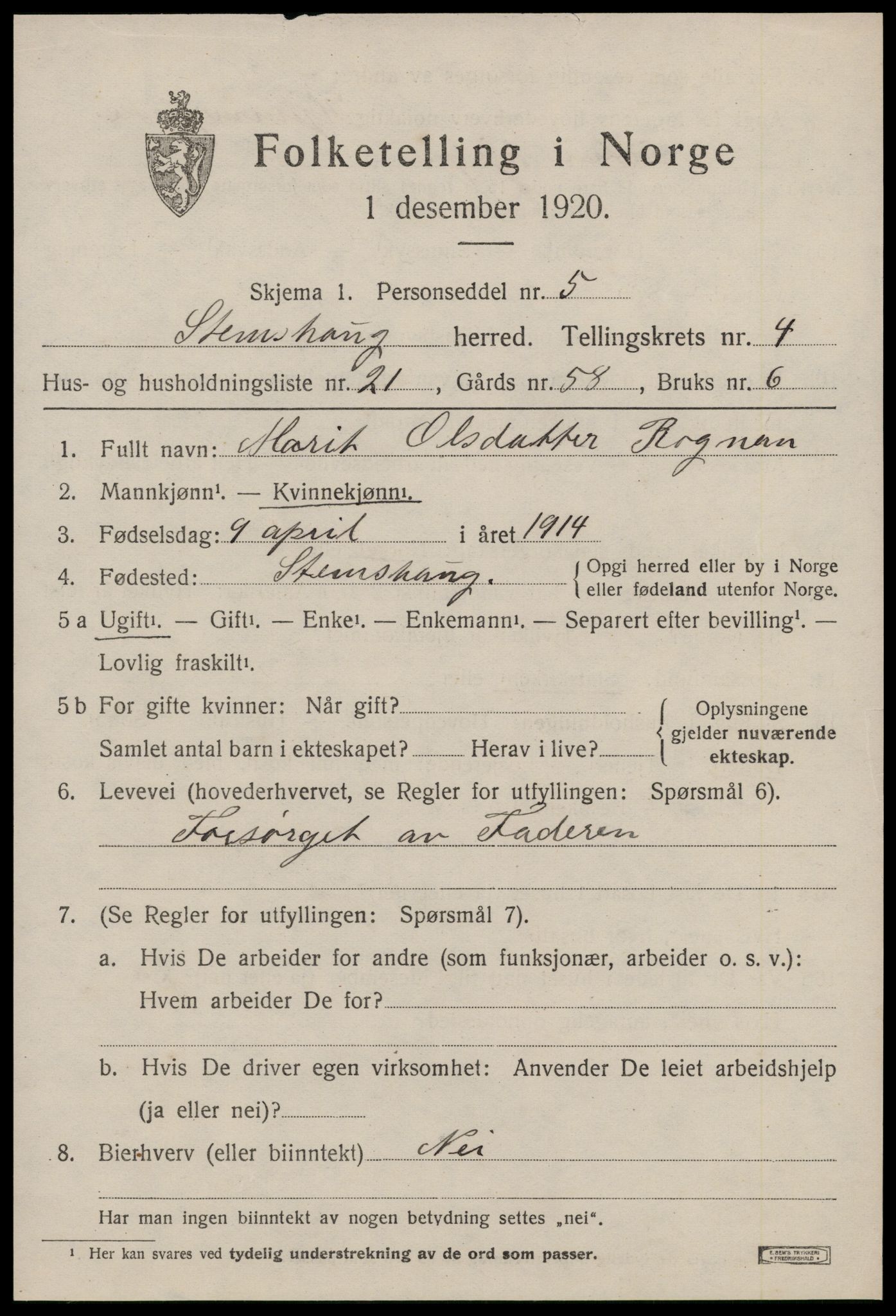 SAT, 1920 census for Stemshaug, 1920, p. 1888