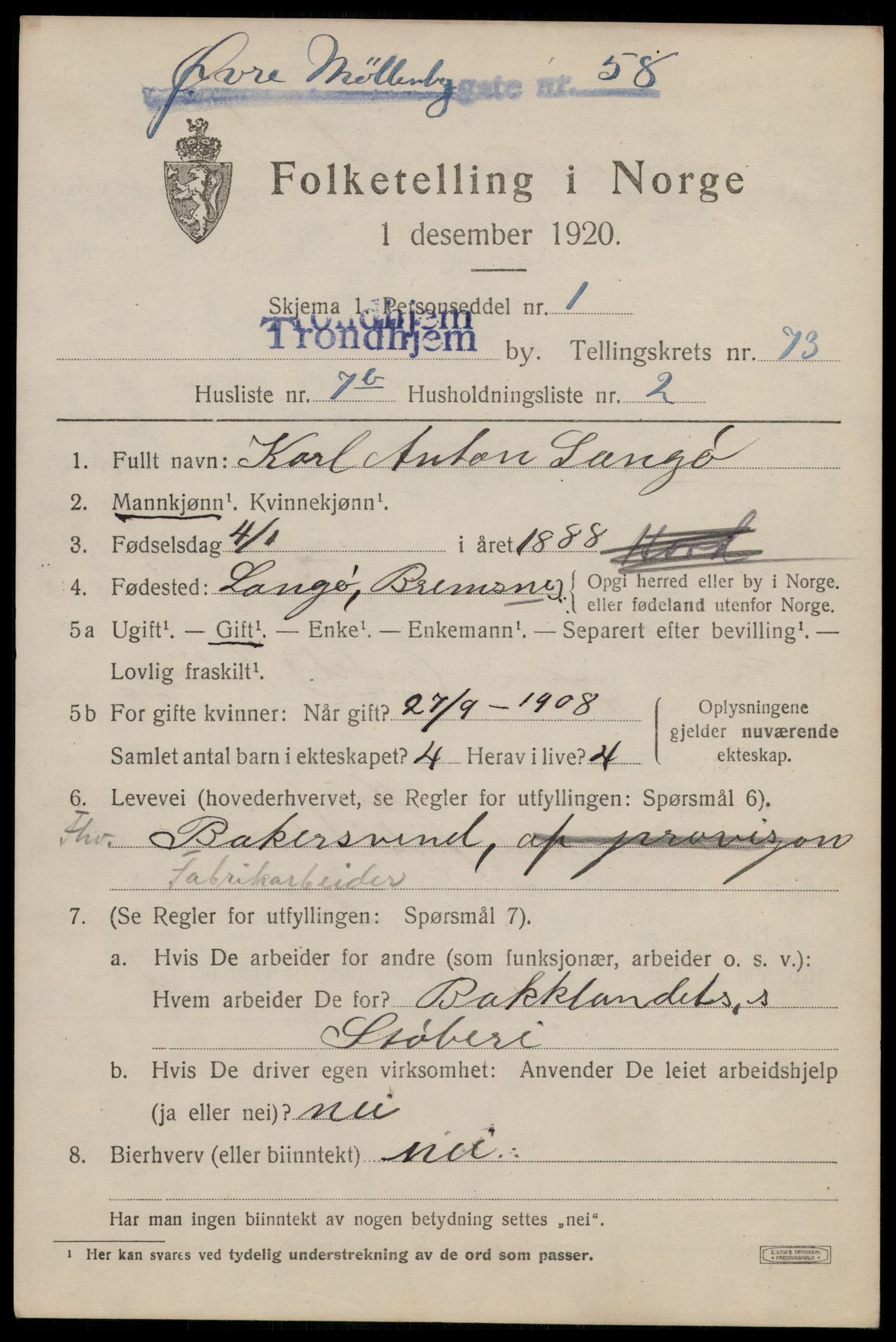 SAT, 1920 census for Trondheim, 1920, p. 143078