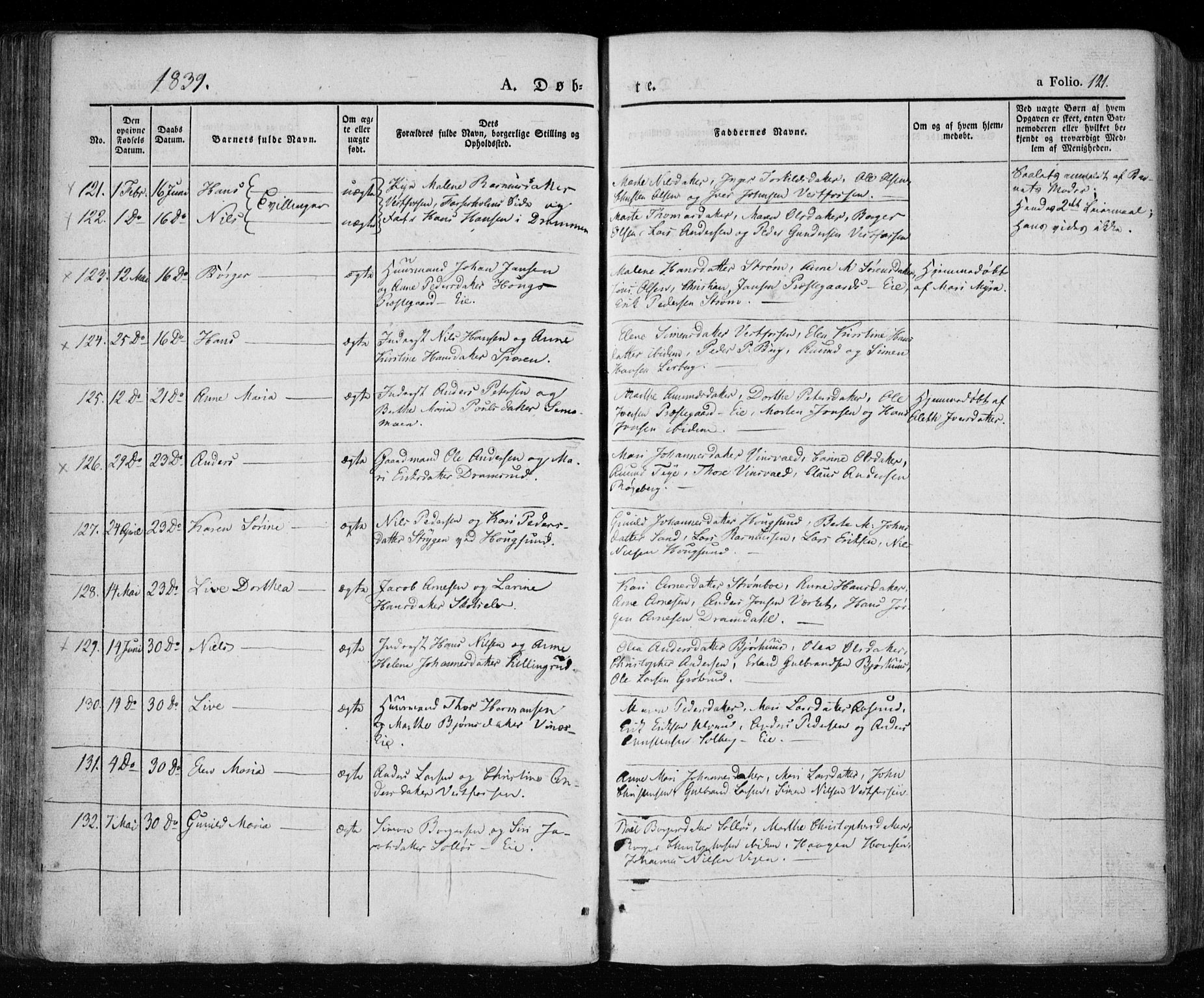 Eiker kirkebøker, SAKO/A-4/F/Fa/L0013a: Parish register (official) no. I 13A, 1832-1845, p. 121