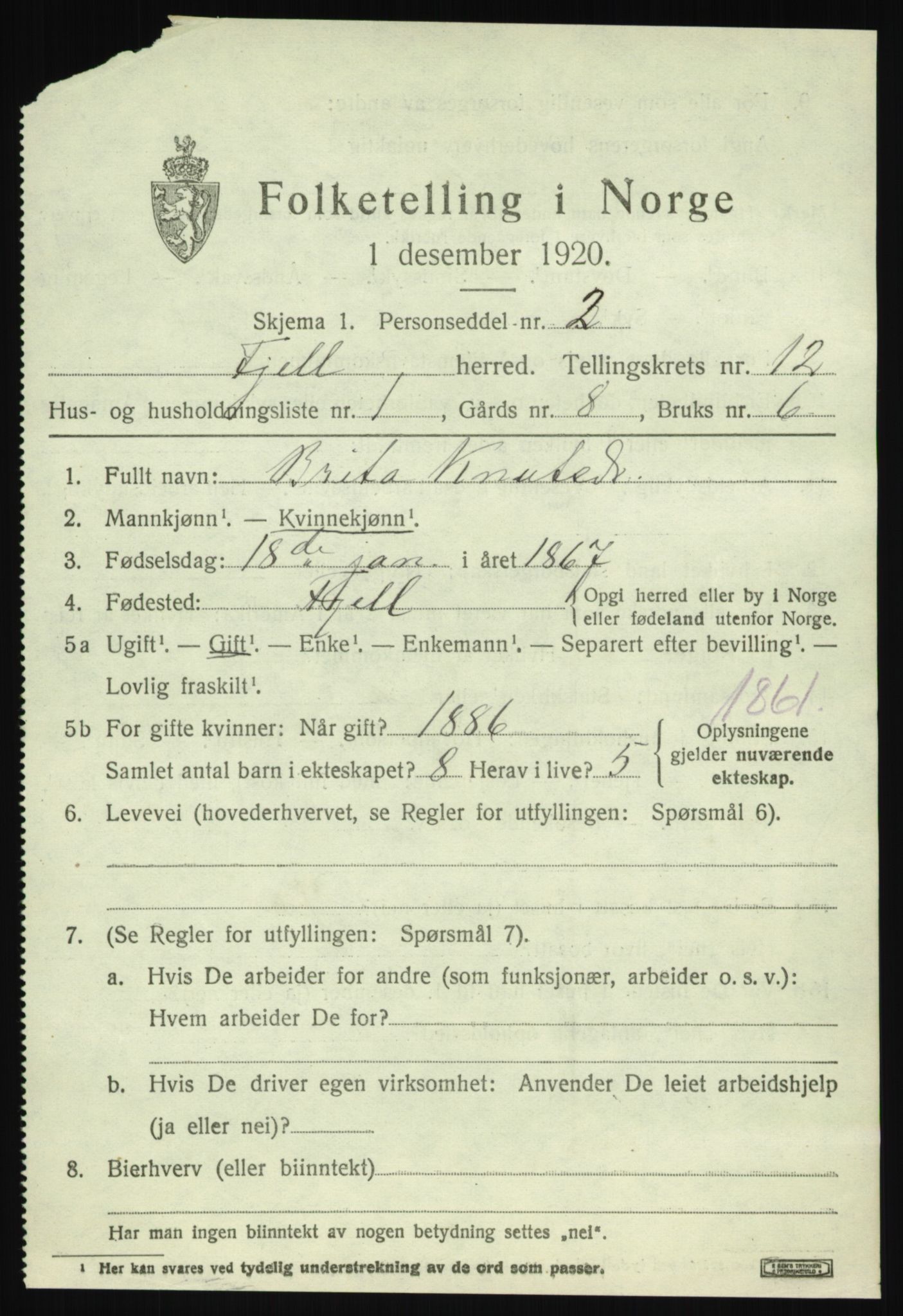 SAB, 1920 census for Fjell, 1920, p. 10622