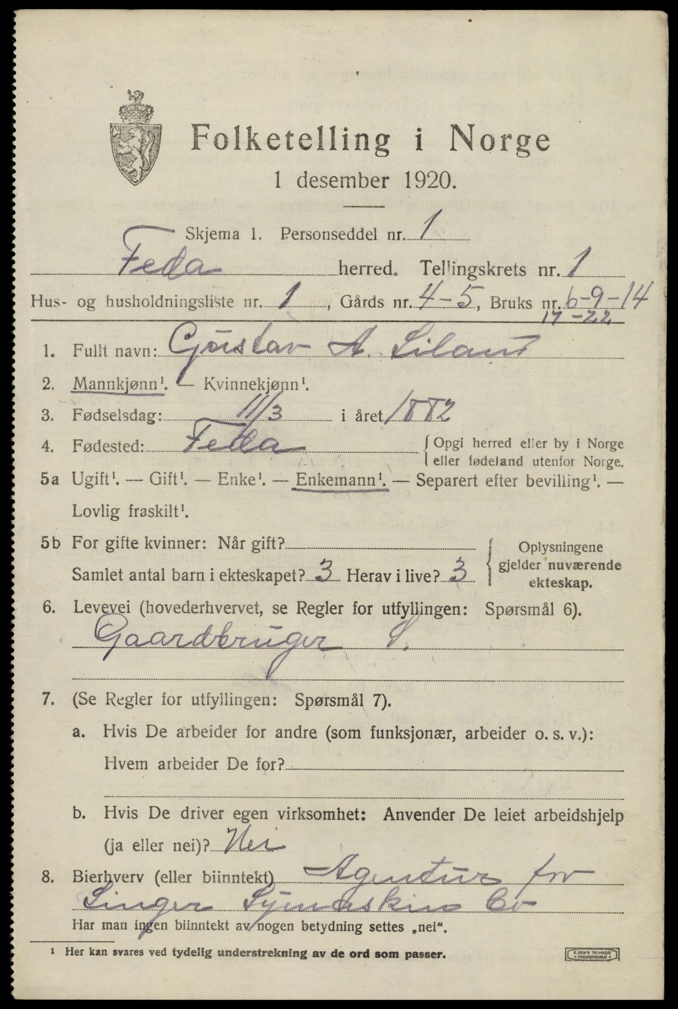 SAK, 1920 census for Feda, 1920, p. 463