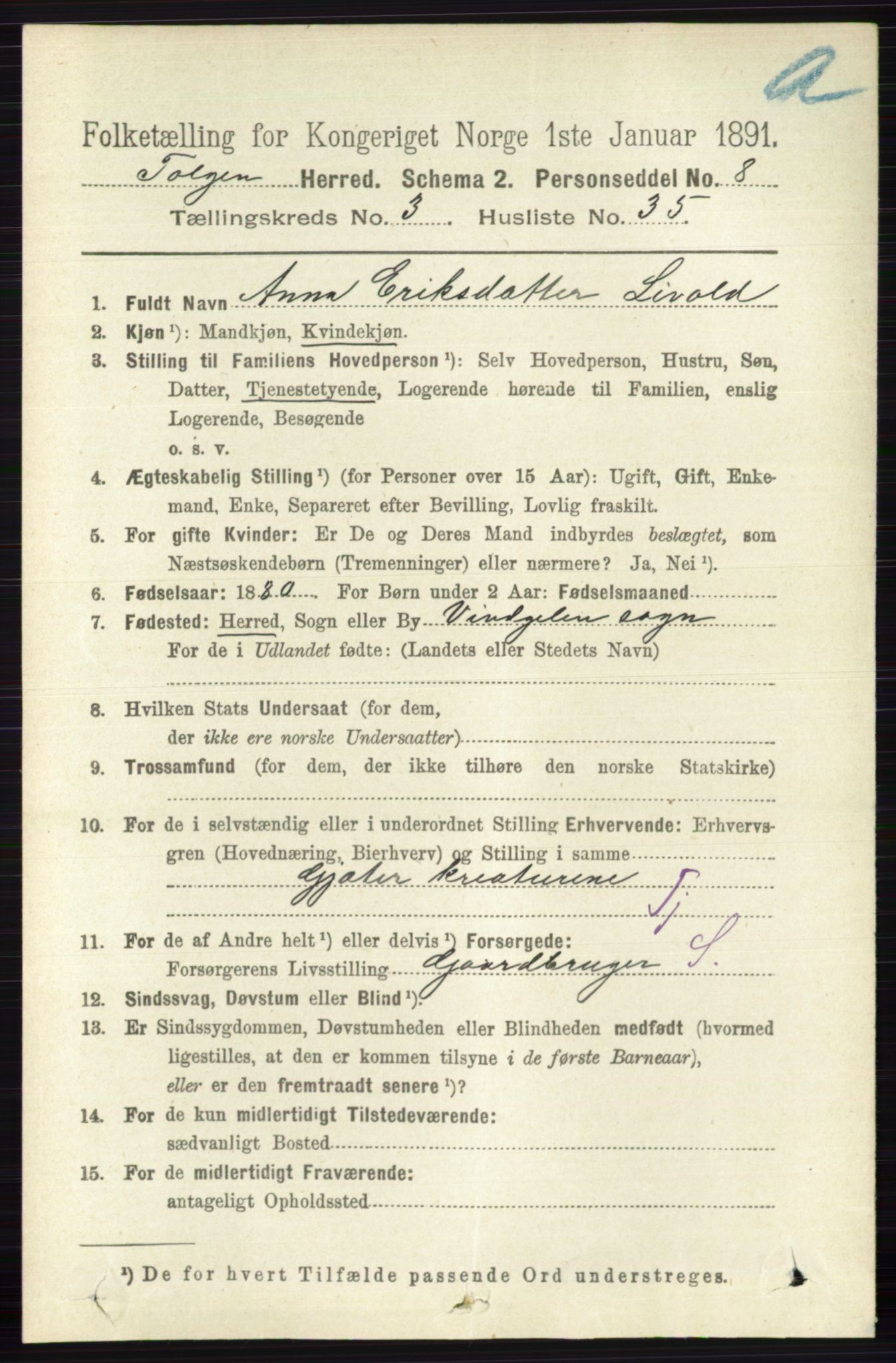 RA, 1891 census for 0436 Tolga, 1891, p. 812