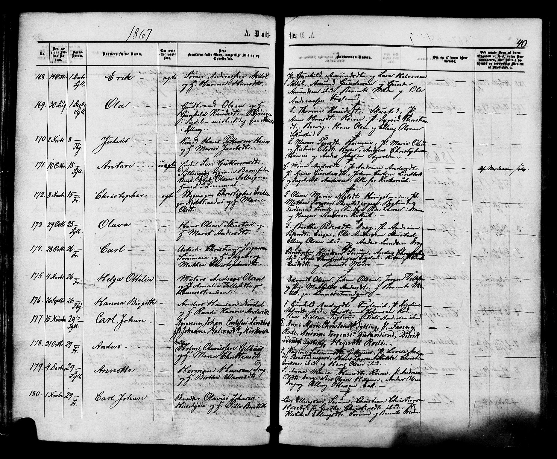 Lier kirkebøker, AV/SAKO-A-230/F/Fa/L0013: Parish register (official) no. I 13, 1865-1874, p. 40