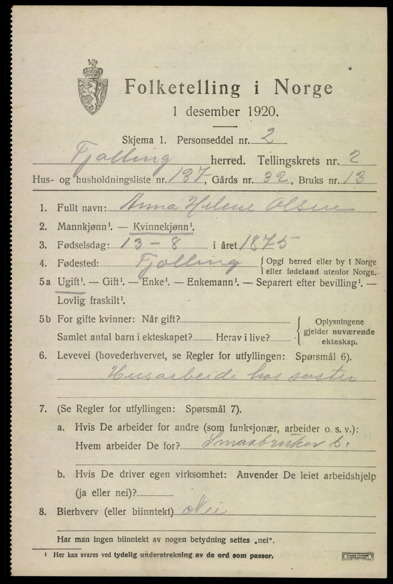 SAKO, 1920 census for Tjølling, 1920, p. 6825