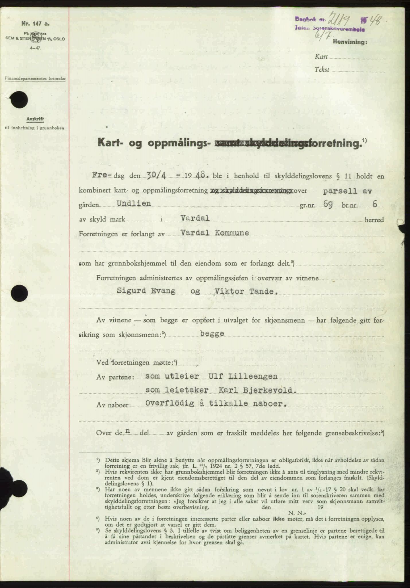 Toten tingrett, SAH/TING-006/H/Hb/Hbc/L0020: Mortgage book no. Hbc-20, 1948-1948, Diary no: : 2119/1948