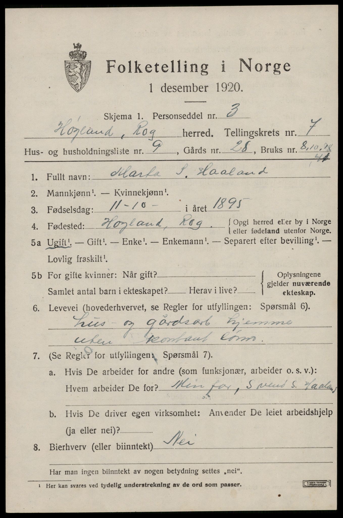 SAST, 1920 census for Høyland, 1920, p. 4740