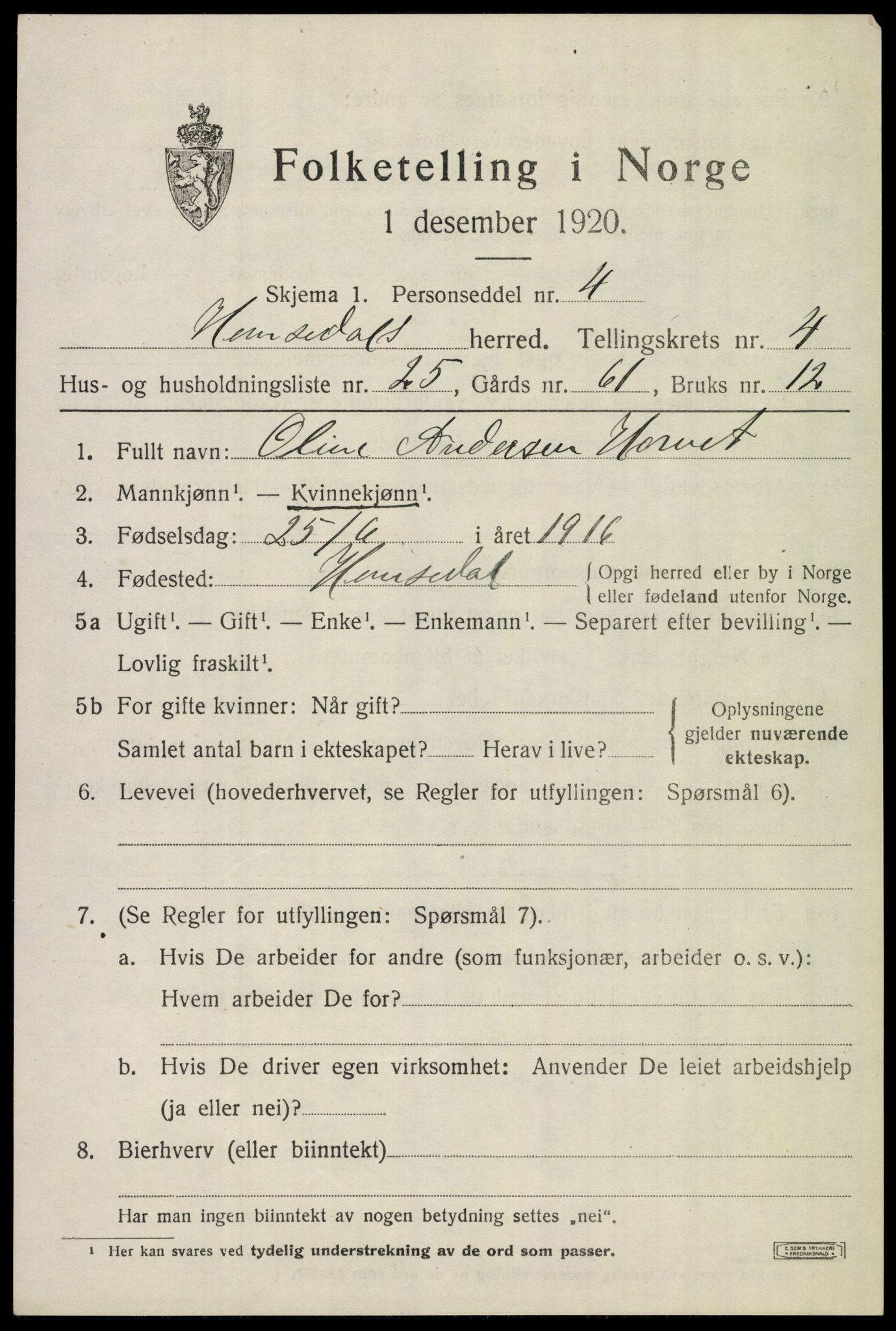 SAKO, 1920 census for Hemsedal, 1920, p. 1734