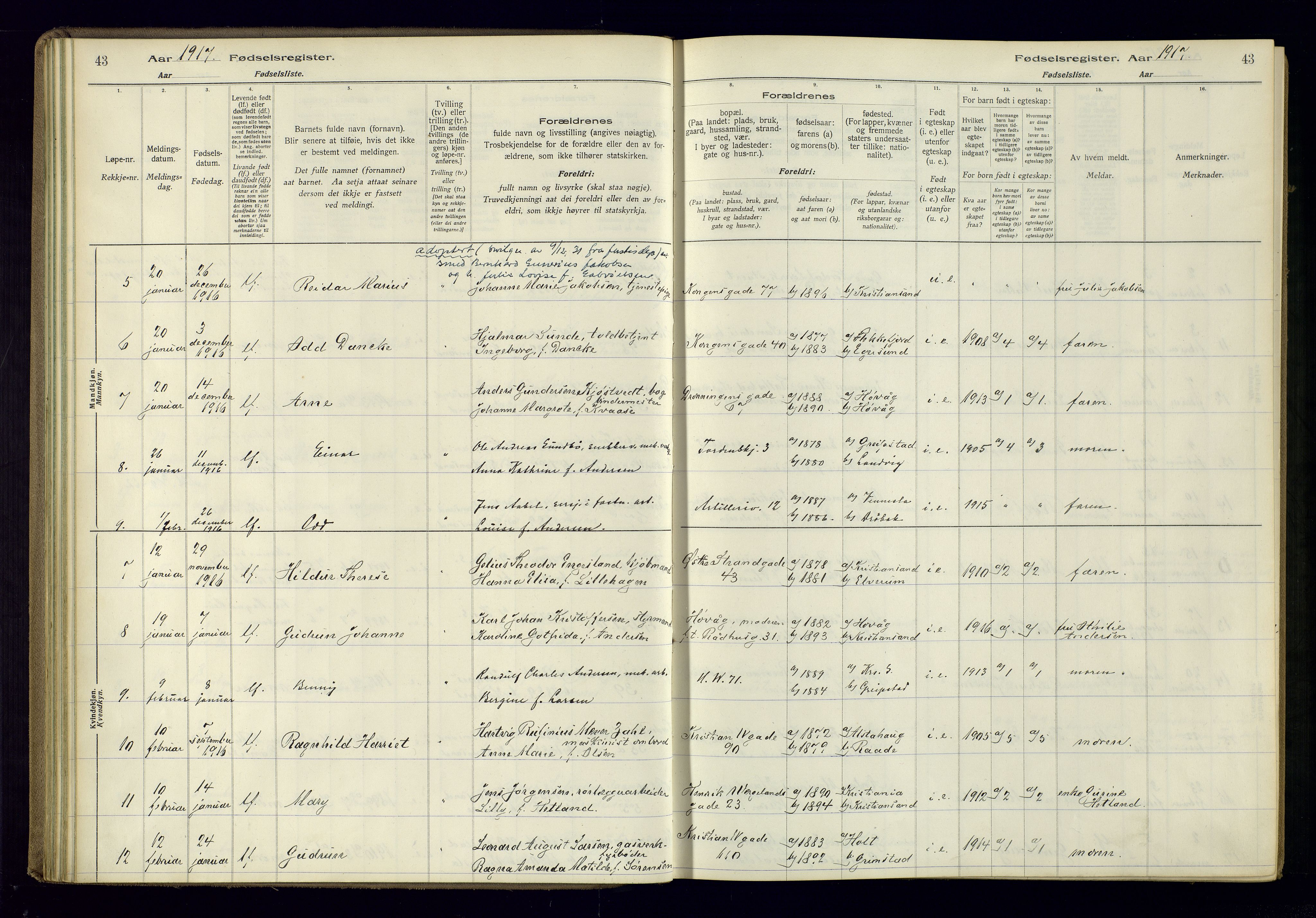 Kristiansand domprosti, AV/SAK-1112-0006/J/Jc/L0001: Birth register no. A-VI-45, 1916-1921, p. 43