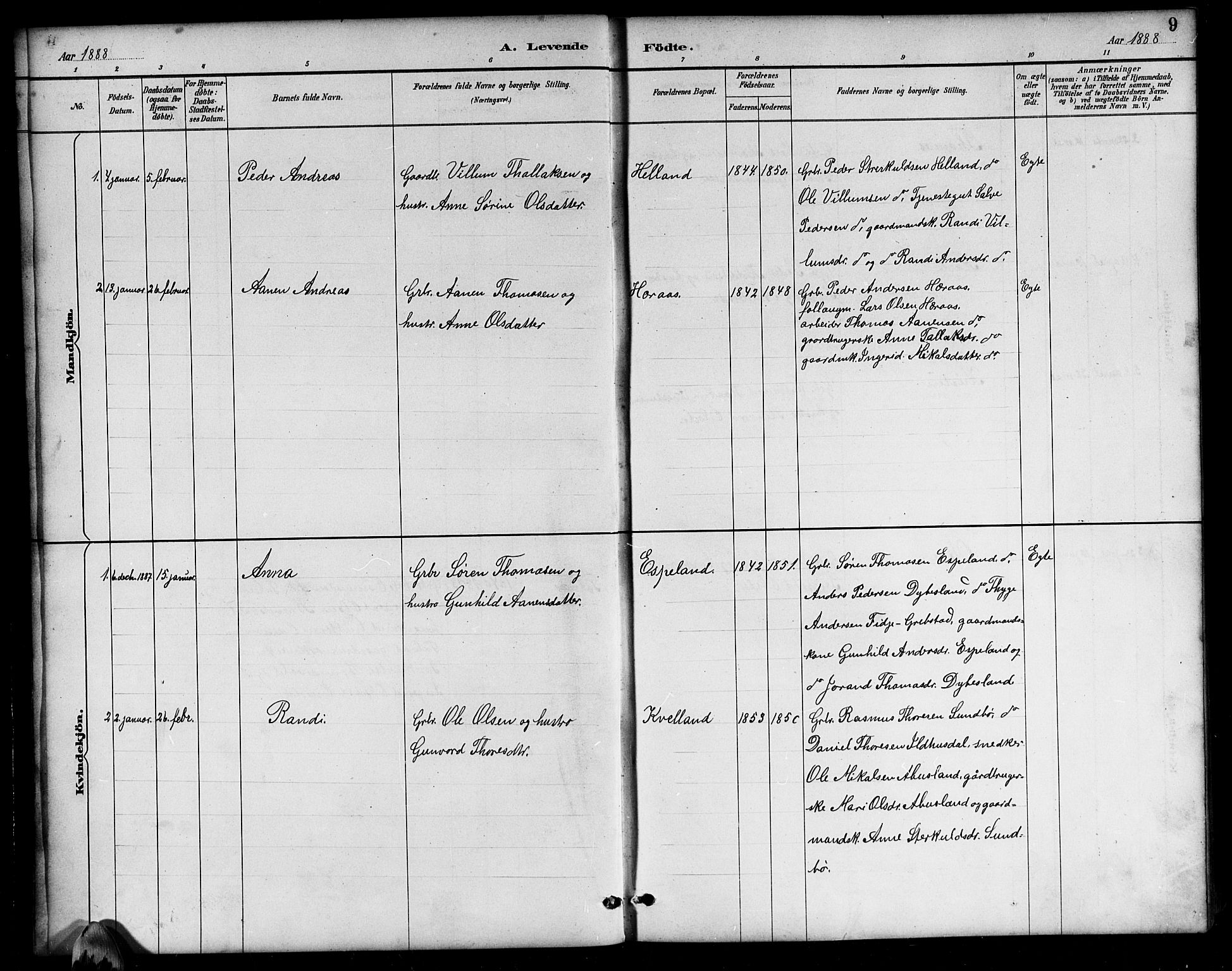 Bjelland sokneprestkontor, AV/SAK-1111-0005/F/Fb/Fbb/L0005: Parish register (copy) no. B 5, 1887-1918, p. 9