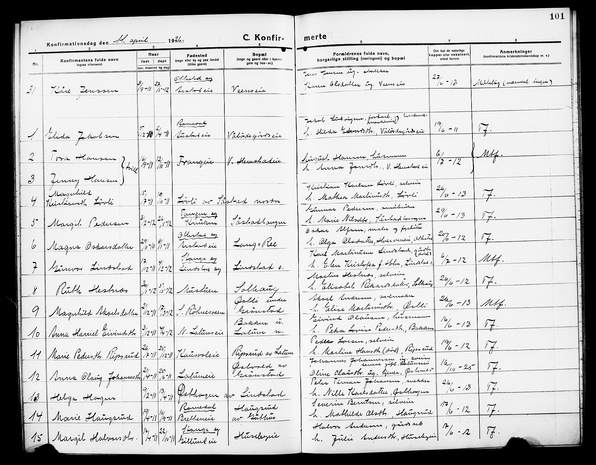 Stange prestekontor, AV/SAH-PREST-002/L/L0016: Parish register (copy) no. 16, 1918-1928, p. 101