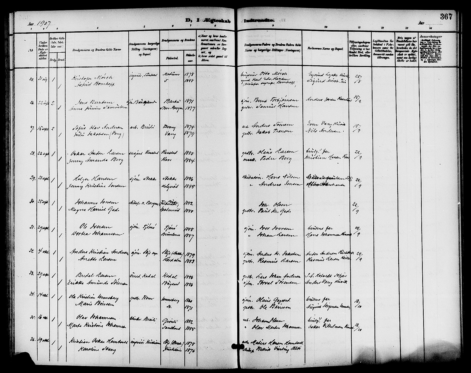 Sandar kirkebøker, SAKO/A-243/G/Ga/L0002: Parish register (copy) no. 2, 1900-1915, p. 367