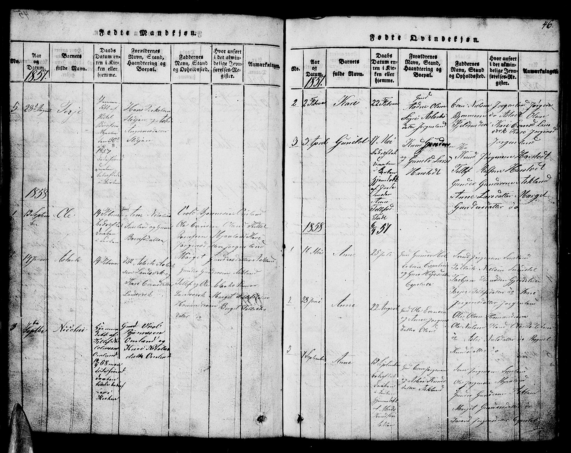 Åmli sokneprestkontor, AV/SAK-1111-0050/F/Fb/Fba/L0001: Parish register (copy) no. B 1, 1816-1890, p. 46