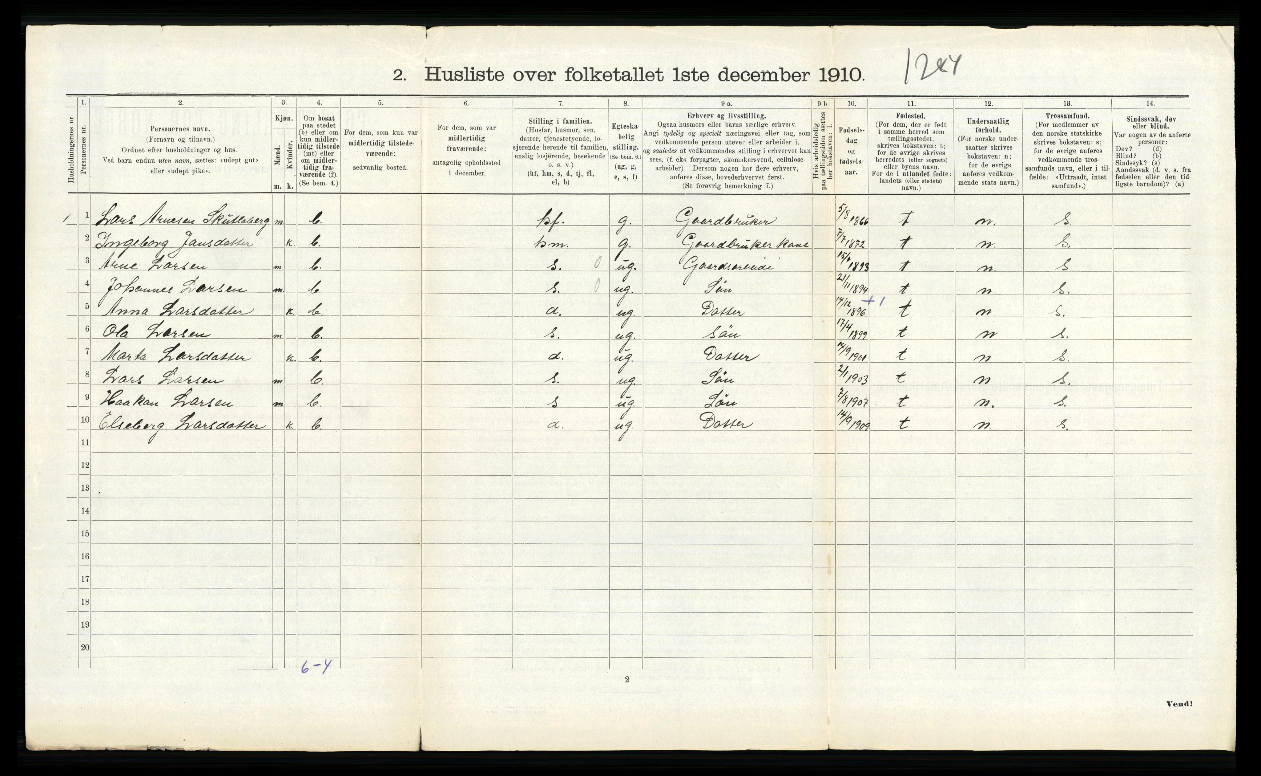 RA, 1910 census for Kvam, 1910, p. 498