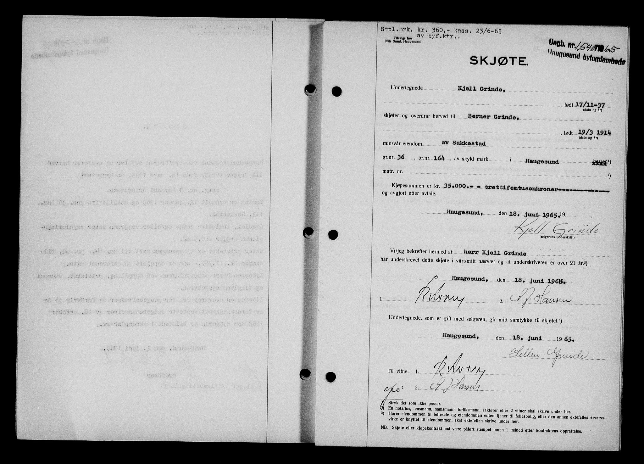 Haugesund tingrett, AV/SAST-A-101415/01/II/IIC/L0076: Mortgage book no. A 17, 1965-1966, Diary no: : 1540/1965